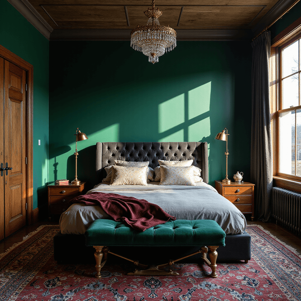 A cozy bedroom featuring an emerald green accent wall behind a tufted charcoal velvet headboard, illuminated by golden hour light. Antique brass reading lamps adorn either side of the bed, while a crystal chandelier adds elegance. Layered Persian rugs in jewel tones cover the floor, with dark-stained wood elements complementing the rich color palette. The image is captured from a 45-degree angle, showcasing the room's architectural details.