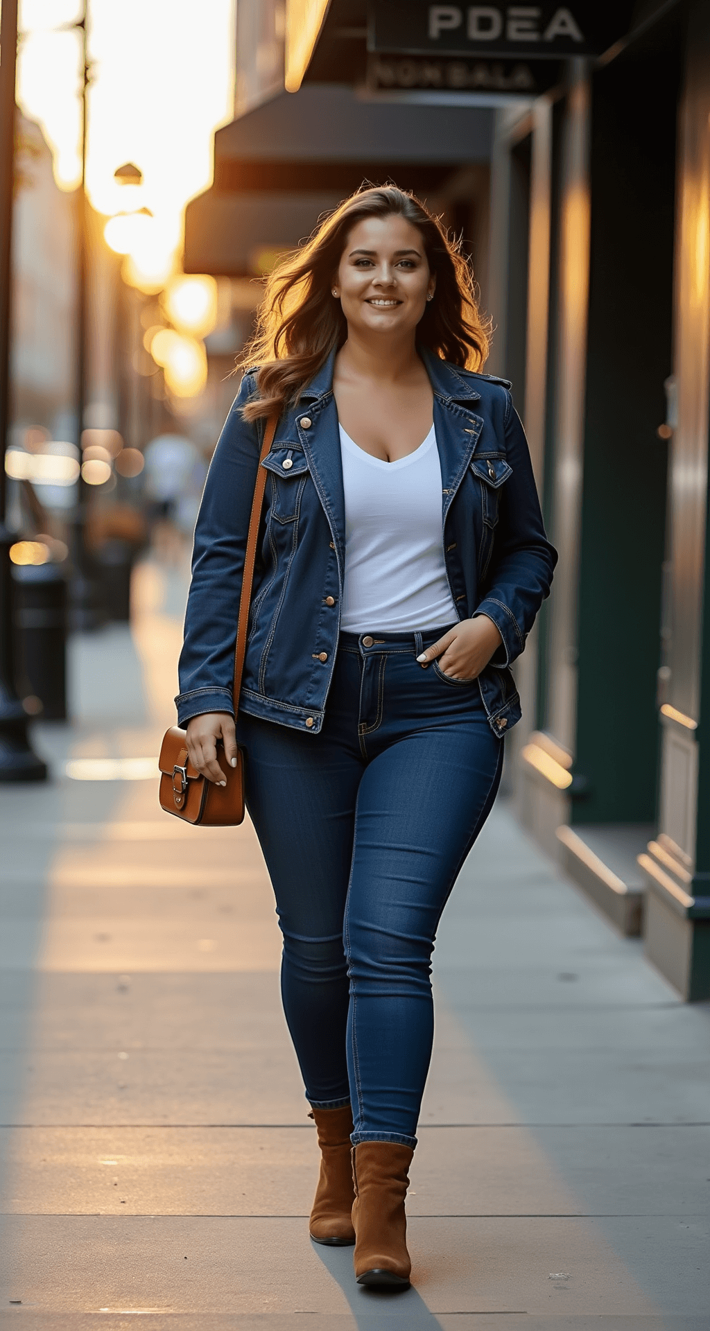A confident plus-size model in dark denim and a white V-neck tee walks past modern storefronts at a sun-drenched urban street corner during golden hour, captured from a low angle with a shallow depth of field highlighting her outfit details.
