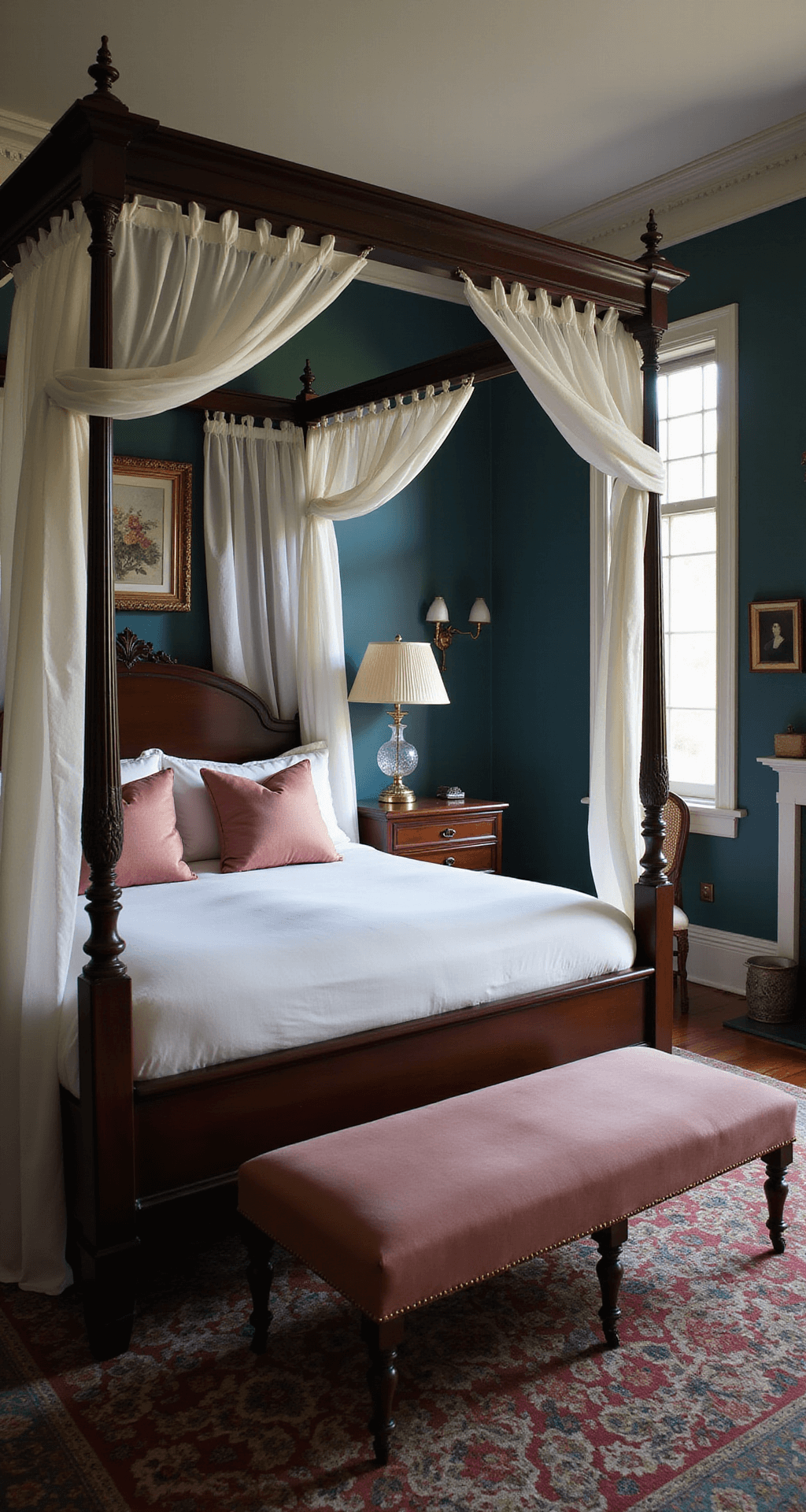 Romantic twilight bedroom featuring a four-poster bed with sheer white drapes, deep teal walls, vintage gold mirrors, a dusty rose velvet chaise, and soft lighting from crystal lamps, all set against a jewel-toned Oriental rug.
