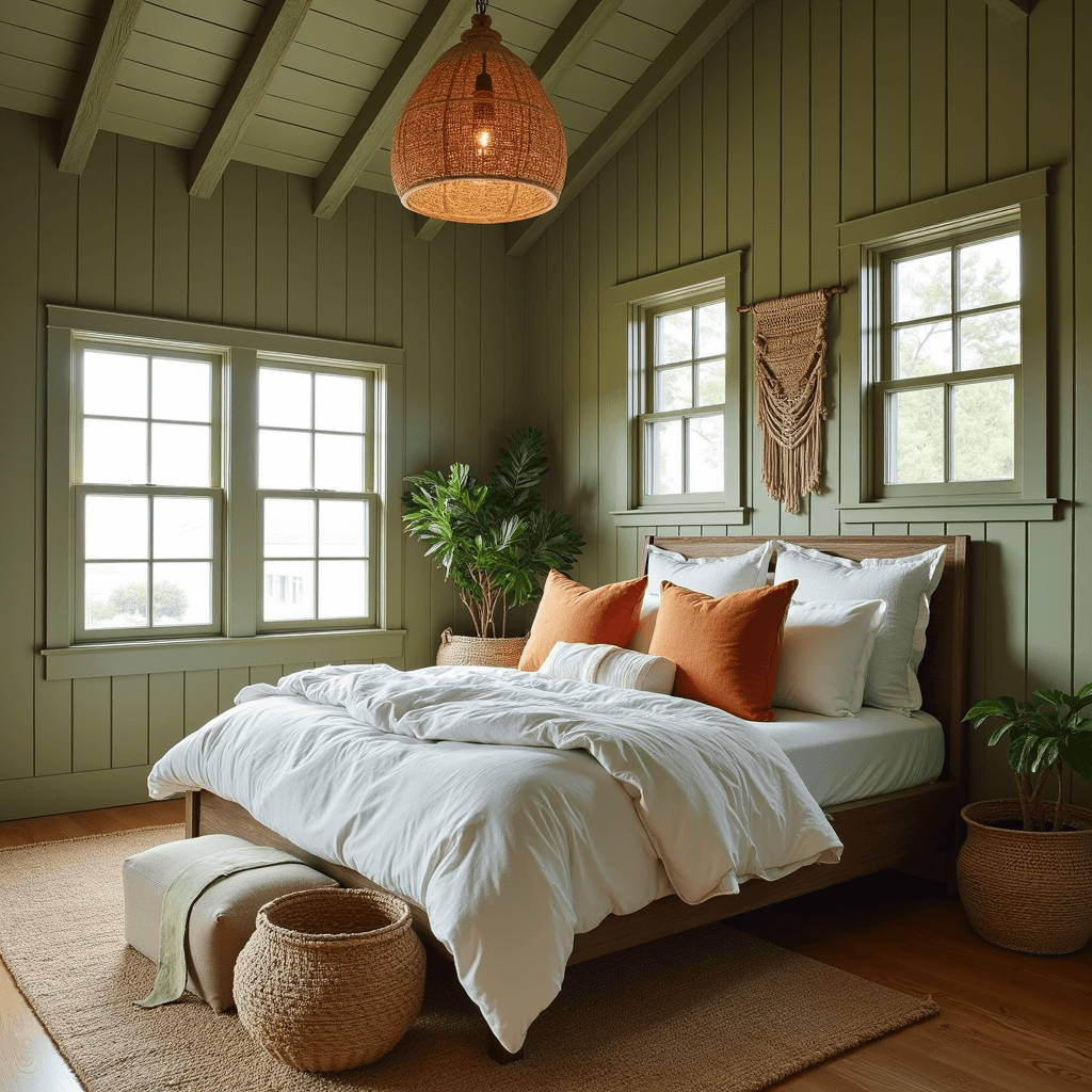 A coastal-inspired bedroom with olive green shiplap walls and vaulted ceilings, featuring a king bed in rumpled linen bedding, beach-style windows letting in natural light, and a rattan pendant light. The space includes a sisal rug, woven baskets, and a macramé wall hanging, with a color palette of olive green, warm white, terracotta, and natural rattan.