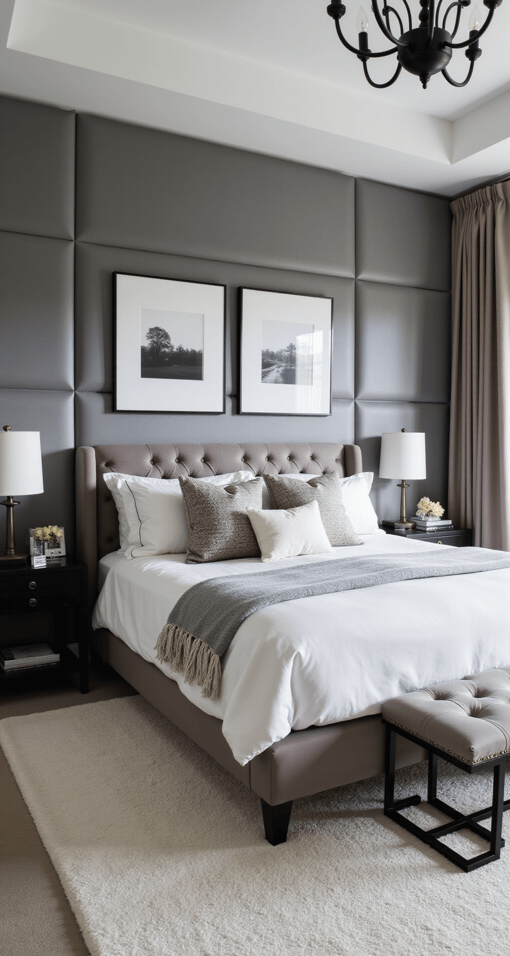 Contemporary bedroom with a dramatic velvet headboard wall, a king bed dressed in luxe white and silver bedding, minimal black metal side tables, oversized black and white photography, plush ivory carpet, and a matte black chandelier, all illuminated by afternoon light.