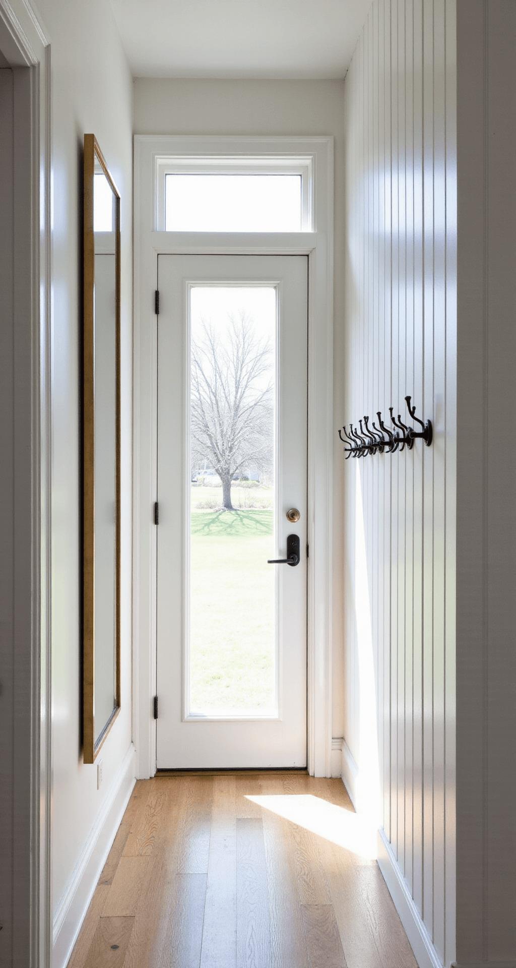 A bright 6x8ft entryway with 10ft white-paneled walls, morning sunlight streaming through a frosted glass door, illuminating a slim brass-framed mirror and staggered matte black hooks, captured at eye level.
