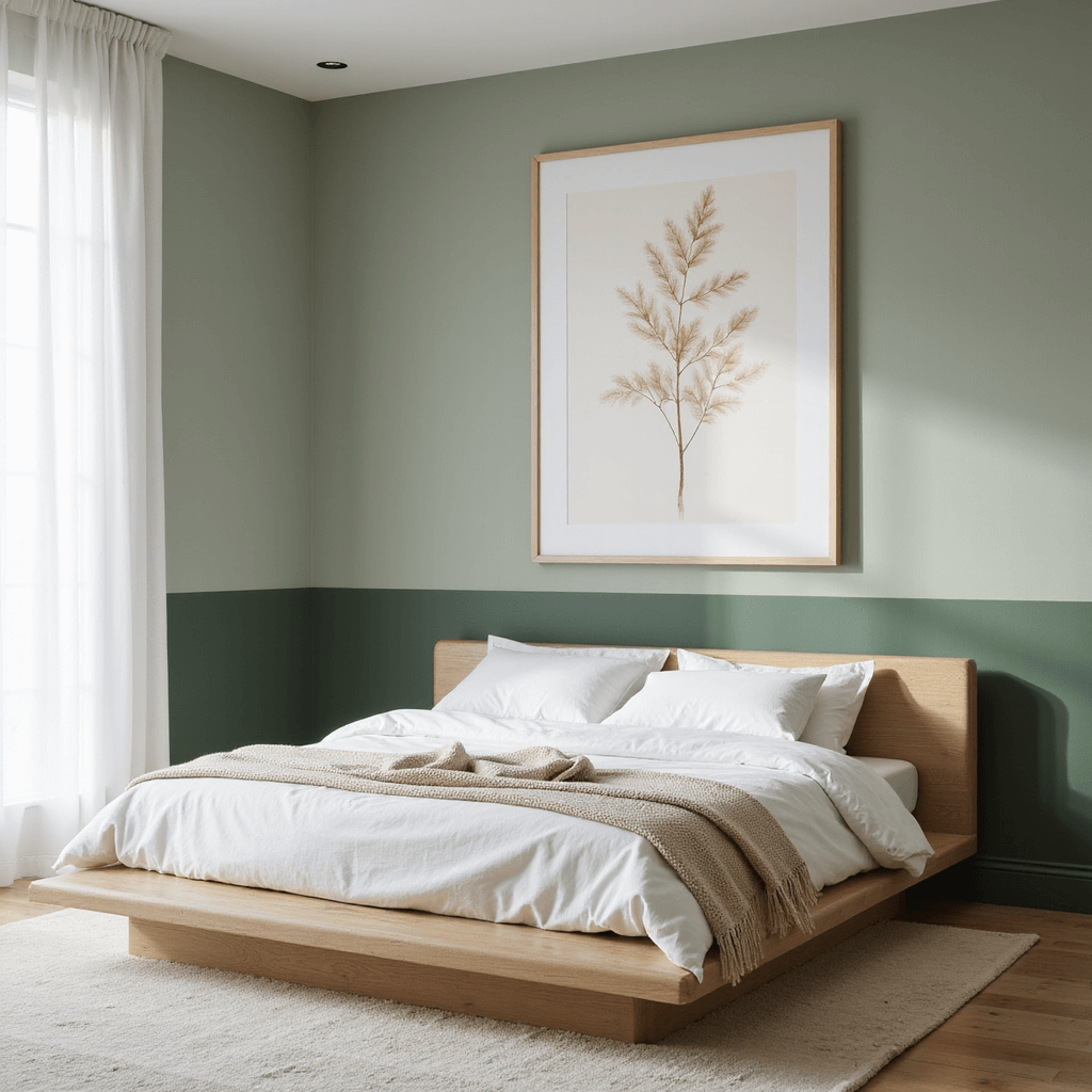 Minimalist bedroom featuring a sage green color-blocked wall, dawn light filtering through sheer white curtains, and a low-profile bleached oak platform bed with layered organic cotton bedding in white. An oversized abstract botanical print hangs above the bed, with a symmetrical composition showcasing matte walls, organic textiles, smooth wooden surfaces, and accents of subtle blush.