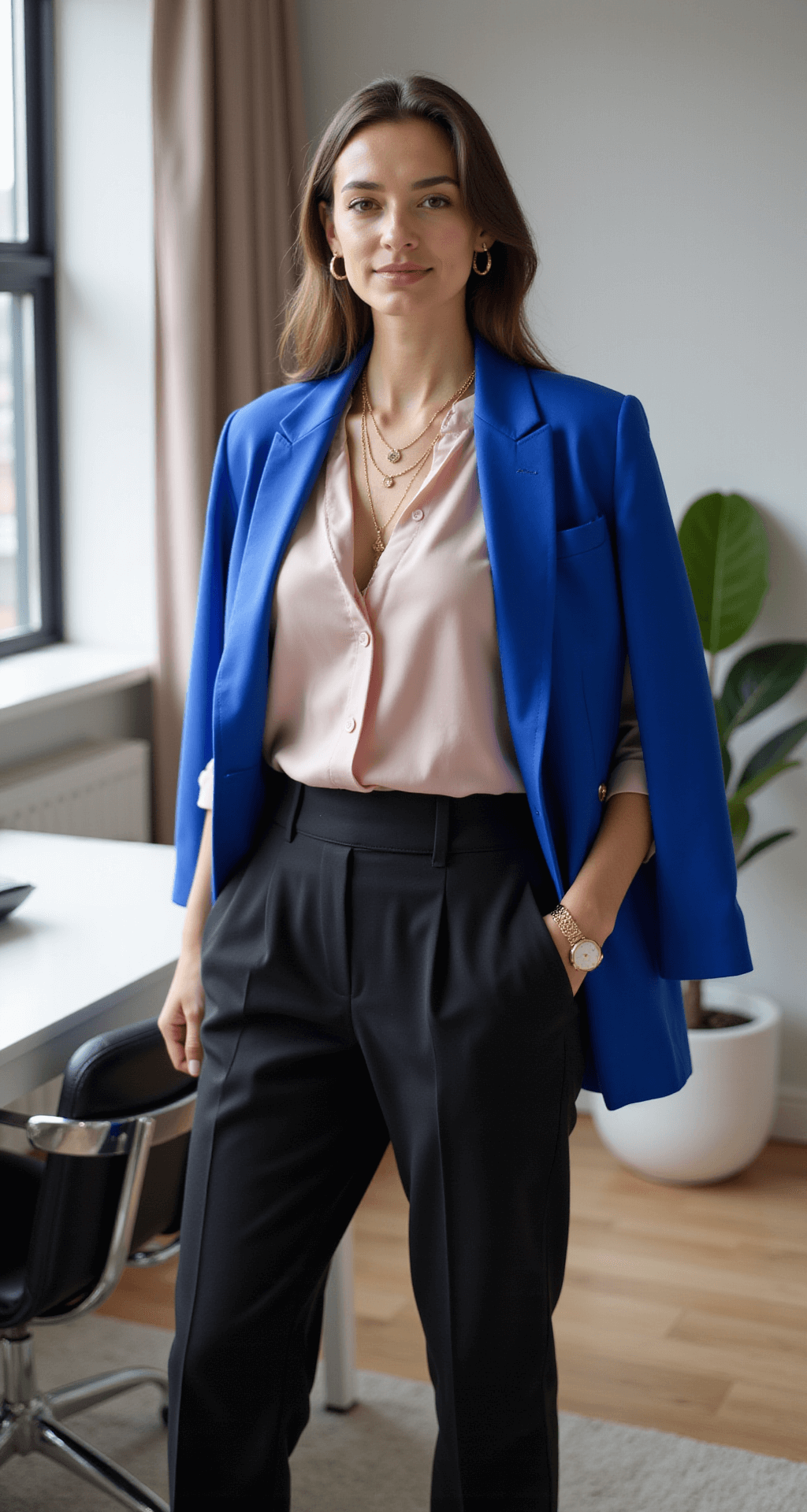 A chic home office featuring floor-to-ceiling windows, with a model dressed in high-waisted black paperbag trousers, a tucked-in soft blush pink silk blouse, and a cobalt blue structured blazer. Gold layered necklaces and a sleek watch accentuate the look, while natural midday light casts clean shadows across the space.