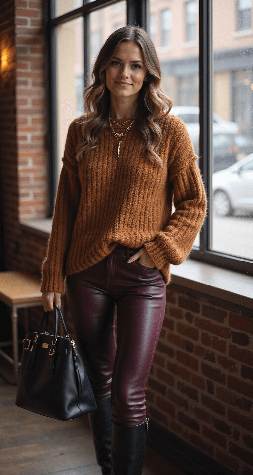 A cozy fall scene in a rustic coffee shop featuring a person in a chunky knit sweater in warm caramel tones and fitted dark burgundy leather pants, accessorized with layered gold necklaces and black chelsea boots. The image is shot through steamy cafe windows, showcasing autumn afternoon light with a bokeh effect, in an intimate portrait-style framing.