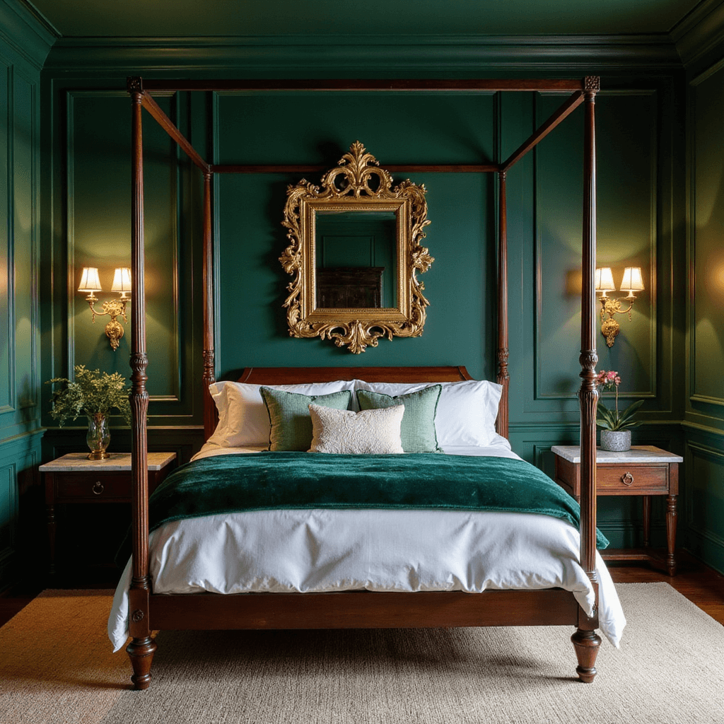 A luxurious primary bedroom with forest green paneled walls, 10ft ceilings, and ambient lighting from vintage brass sconces, featuring a dark mahogany four-poster bed with white linens and emerald velvet throws, ornate gold mirror reflecting warm light, and elegant furnishings in a rich color palette of forest green, mahogany, brass, and cream.
