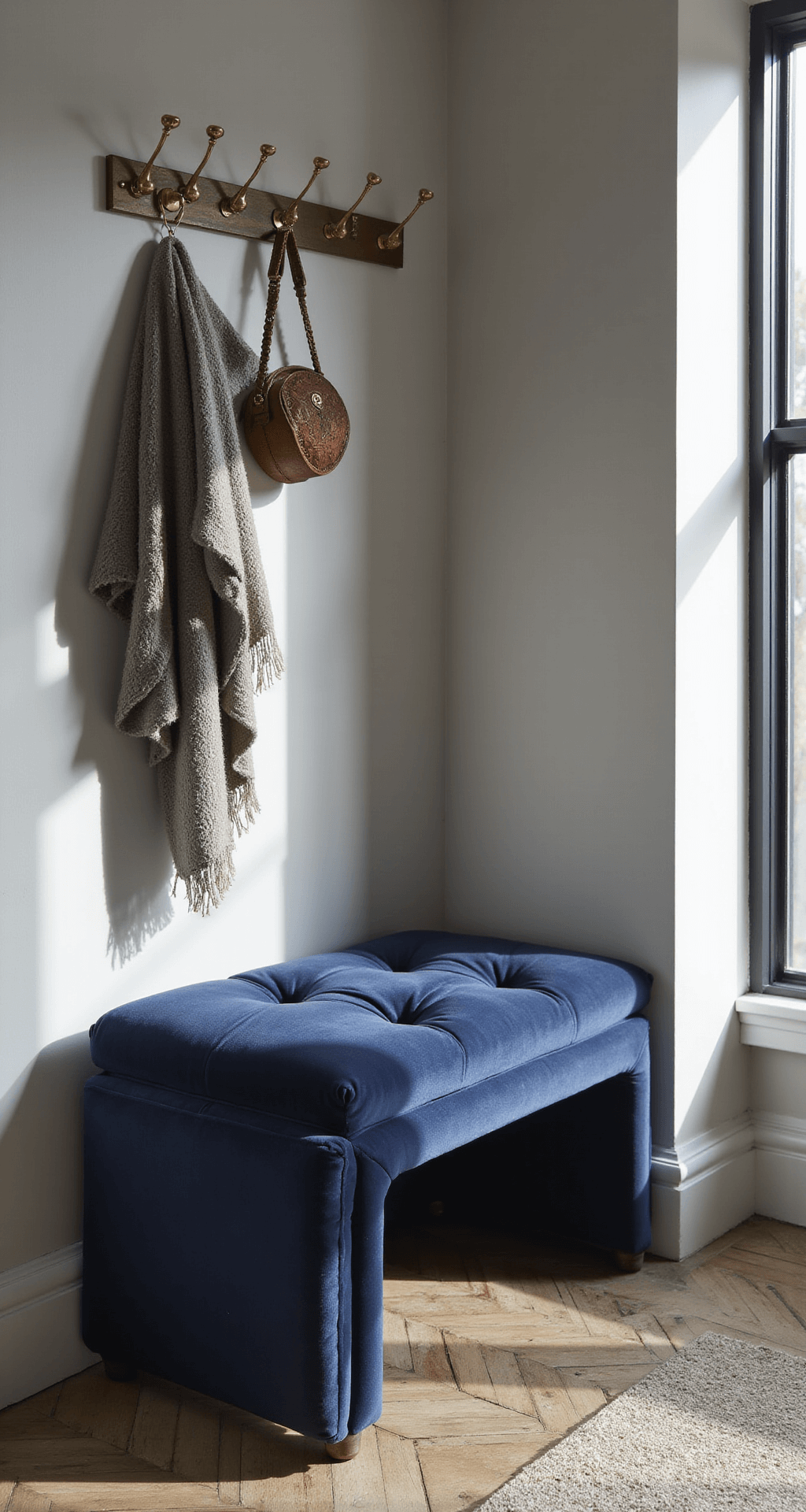 A corner view of a sophisticated entryway featuring a deep navy tufted velvet storage bench against pale gray walls, illuminated by late afternoon light. The bench, with winter accessories stored below, is complemented by vintage brass hooks displaying curated items. The high-angle shot highlights the organized layout and luxe atmosphere.