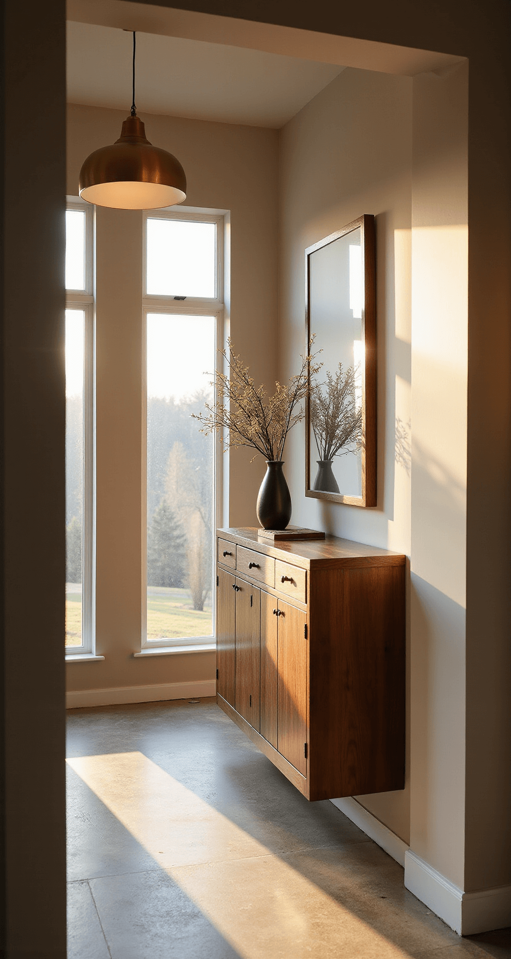 A serene entryway nook featuring a walnut veneer floating console with hidden drawers, illuminated by warm golden hour light from side windows and a brushed brass pendant light above.