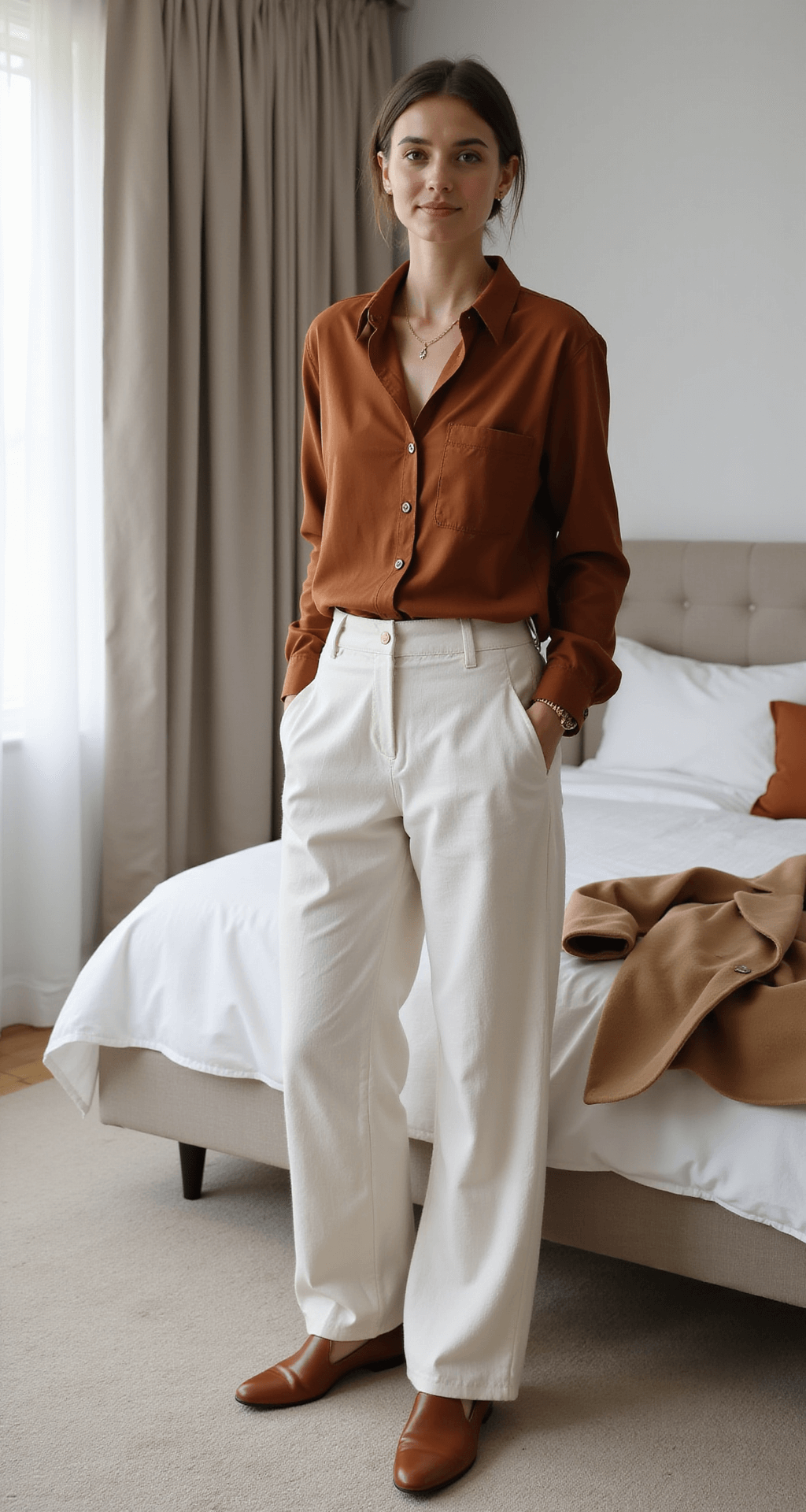 A modern minimalist bedroom with neutral decor featuring a person styling wide-leg cream linen trousers and a rust-colored silk blouse. A camel blazer rests on the bed, and delicate gold jewelry and warm tan leather mules are part of the outfit. Morning light filters through sheer curtains, capturing the essence of getting dressed.
