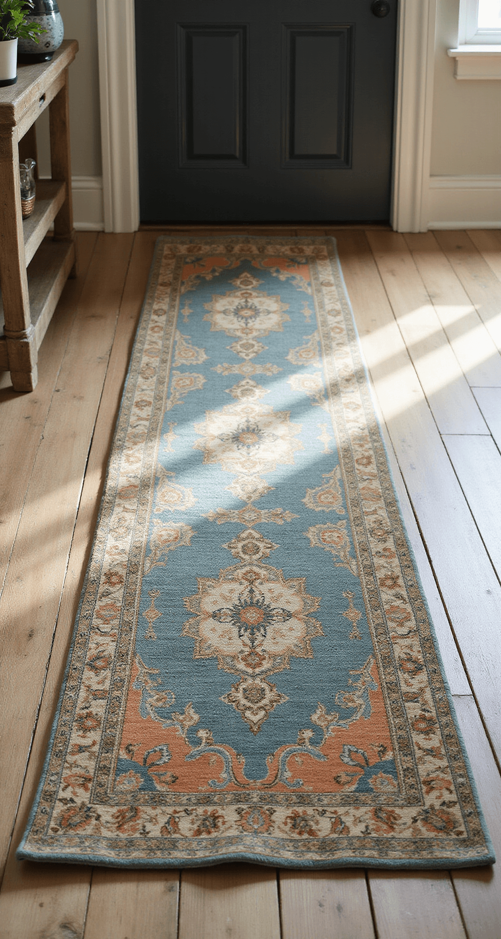 Ground-level view of a vintage 4x6ft Persian runner in muted teals and russets on white oak flooring, illuminated by natural morning light that accentuates its intricate pattern and texture.