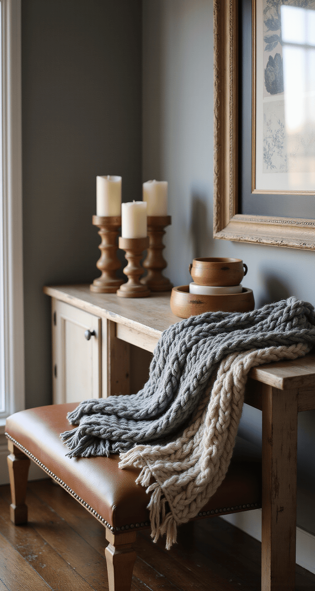 Close-up portrait of a cozy winter entryway featuring a leather bench draped with chunky knit throws in cream and gray, rustic wooden candleholders of varying heights on a console, and warm ambient lighting casting gentle shadows.