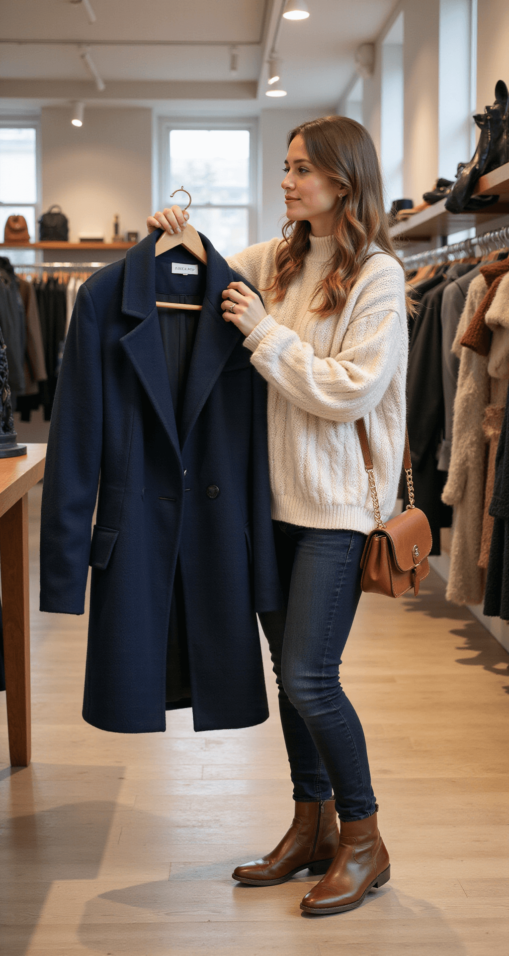 A shopper in a high-end boutique examines a premium navy wool coat, dressed in a thrifted cream cable-knit sweater, high-street dark jeans, and brown leather boots, illustrating a mixed price point styling in an afternoon shopping session.