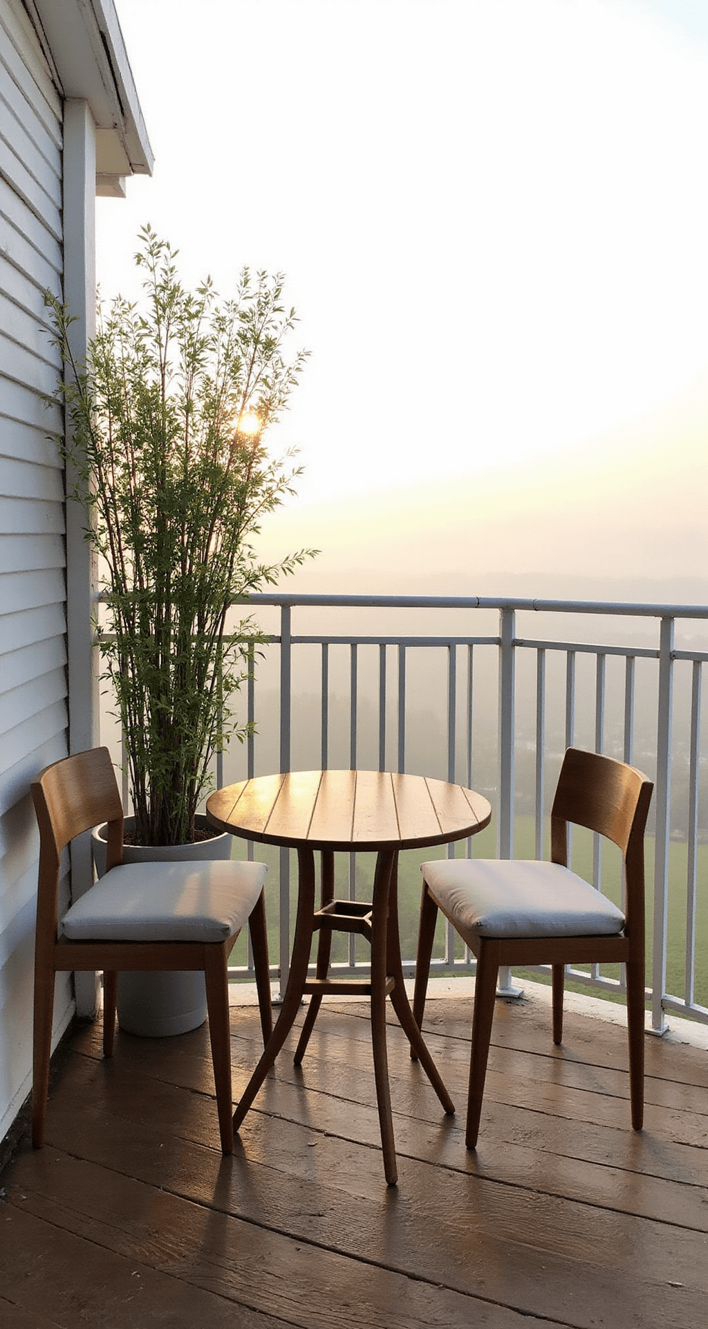 A minimalist balcony at sunrise features stackable acacia wood chairs with light grey cushions around a compact bistro table, shrouded in morning mist. Potted bamboo provides a natural screen, while white-painted metal railings contrast with the wooden decking. The scene is captured from above, showcasing the intimate arrangement.