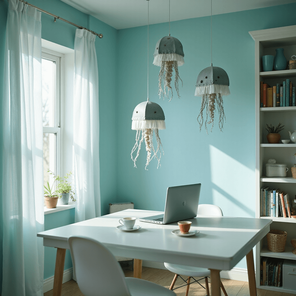 A tranquil home office featuring blue-green walls, with cardboard jellyfish floating from the ceiling and a sleek white desk adorned with a laptop and tea. Ocean-themed decor fills a nearby bookshelf, while sheer curtains softly filter natural light, creating a calm and dreamy atmosphere.