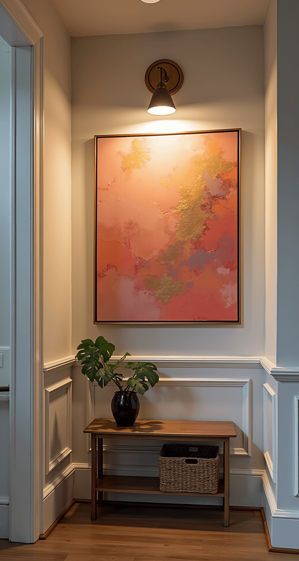 Detail shot of a small entryway vignette featuring an oversized coral and gold abstract canvas, dramatic uplighting from a designer sconce, and traditional wainscoting, captured in warm early evening light to highlight artistic elements and architectural details.
