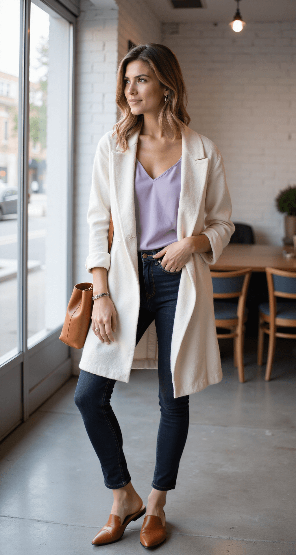 A stylish model in an oversized cream linen blazer over a soft lavender silk cami, paired with dark wash high-rise jeans, stands in a bright downtown coffee shop with white brick walls and large windows, showcasing a cognac leather tote and pointed mule flats, captured through the window with natural lighting and a blurred background.