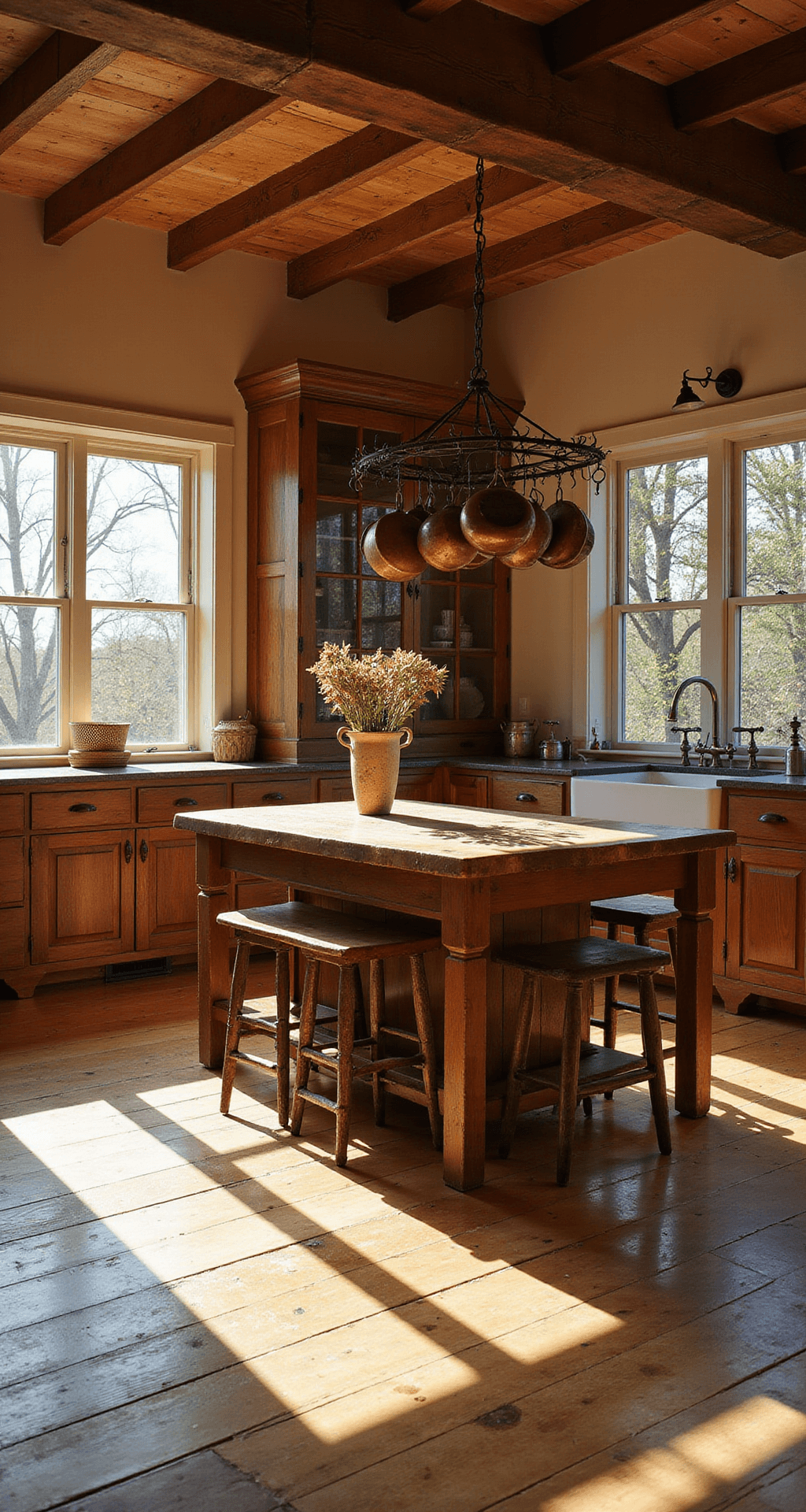 A spacious primitive kitchen with wide-plank pine flooring, an antique dark walnut hutch, a central wooden island with a butcher block top, hand-forged iron stools, and a copper pot rack, illuminated by golden morning light streaming through east-facing windows, showcasing textures of rough-hewn beams and woven baskets.