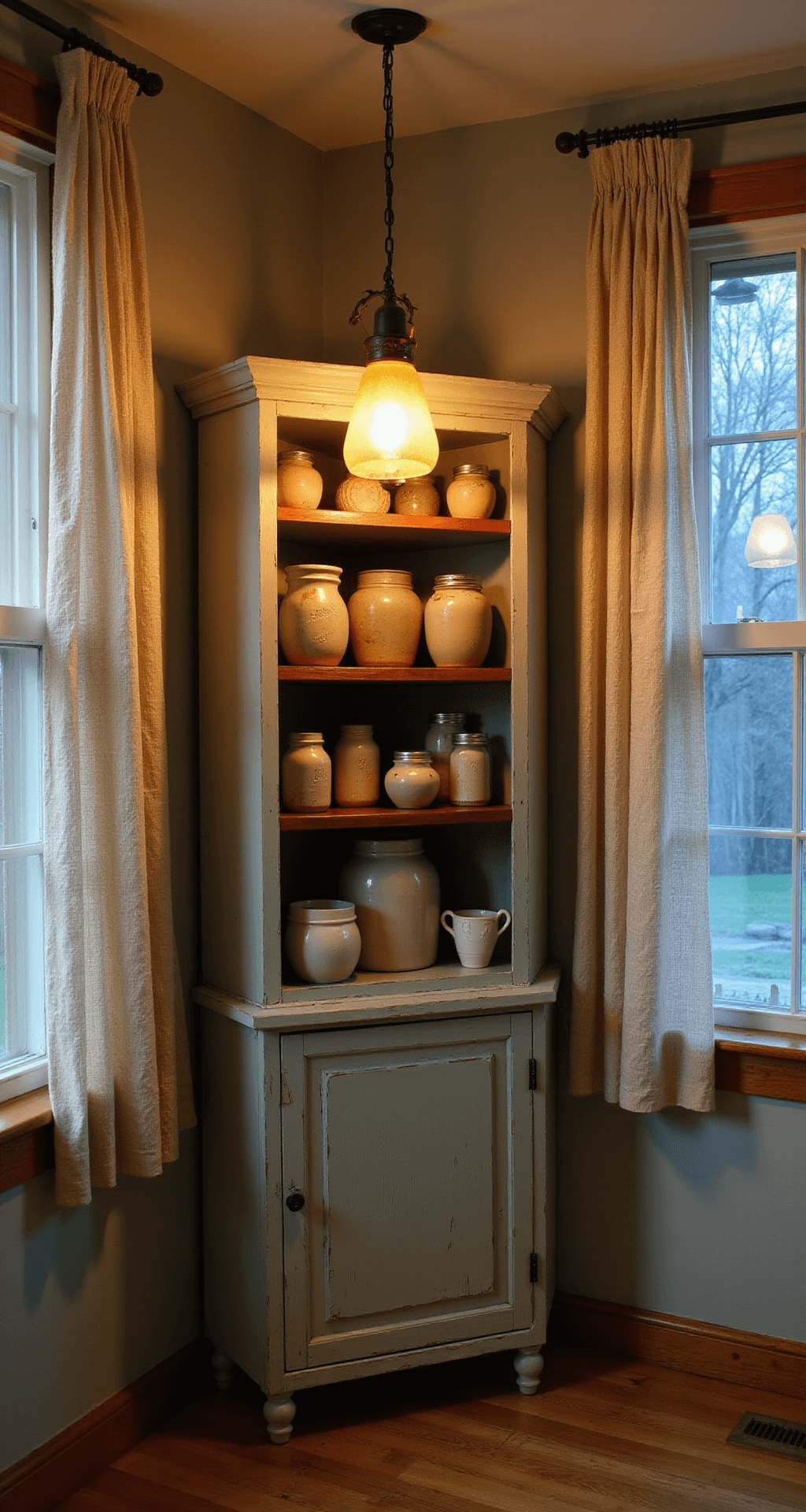 An intimate kitchen corner vignette at dusk featuring a distressed sage-colored cabinet filled with vintage earthenware crocks and mason jars, illuminated by a warm amber pendant light. Hand-stitched linen curtains filter soft blue evening light, with the composition captured from a low angle to emphasize the cabinet's height. The scene showcases aged wood, textured pottery, and woven textiles in a soft focus effect.
