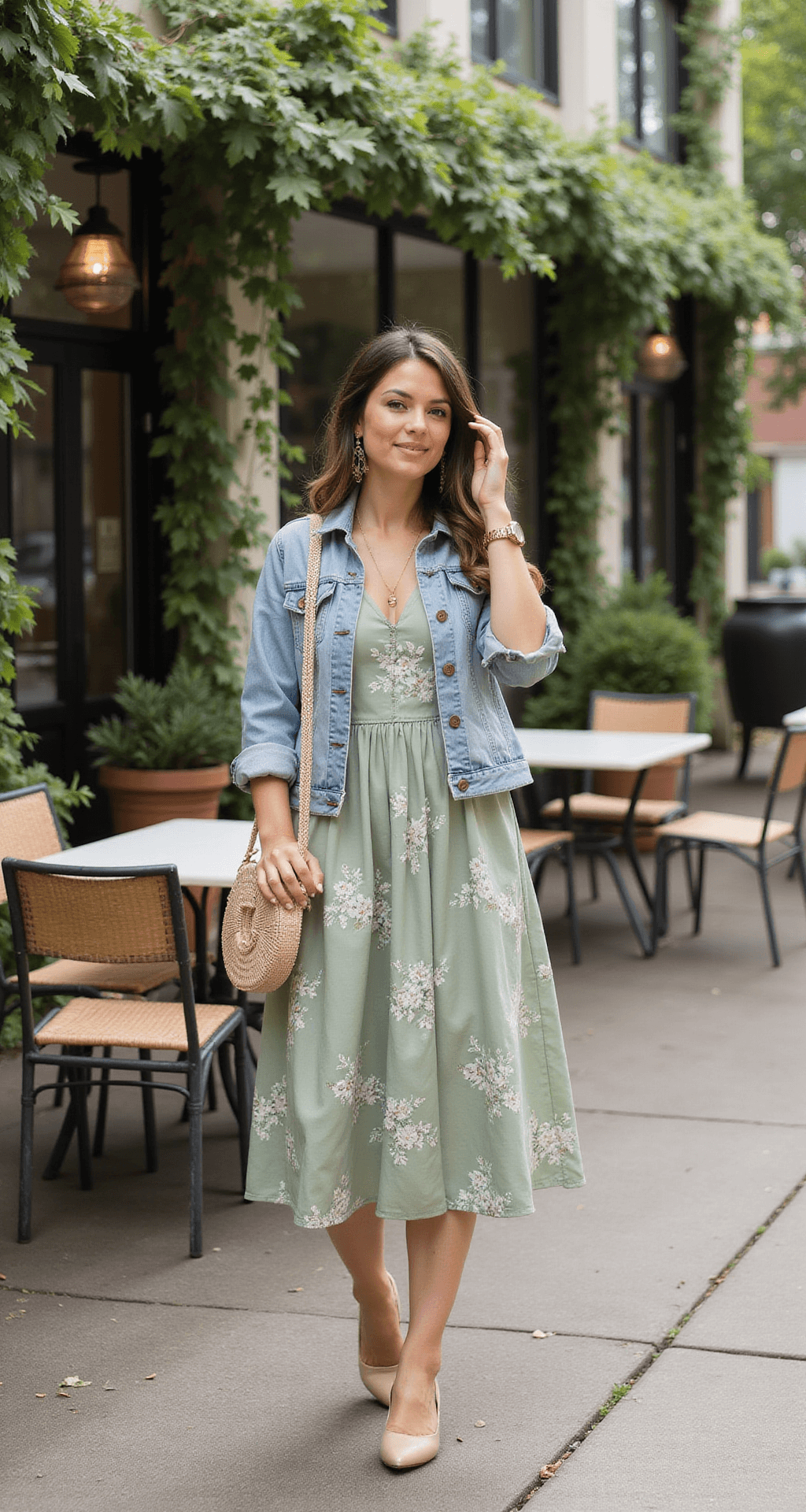 A vintage-inspired brunch scene on a restaurant patio adorned with climbing vines, featuring a model in a sage green midi dress with white florals, paired with a light wash denim jacket. She wears nude wedge sandals and carries a woven cream handbag, captured in natural outdoor lighting with a wide shot showcasing her outfit and the surrounding setting.