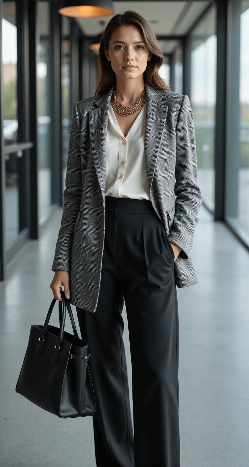 A professional woman stands in a sleek corporate environment with floor-to-ceiling windows, wearing high-waist wide-leg black trousers, a grey oversized check blazer, and an ivory silk shell. She accessorizes with a statement gold necklace and carries a black leather tote bag. The image is shot from above, emphasizing her silhouette, and features dramatic lighting from the windows.
