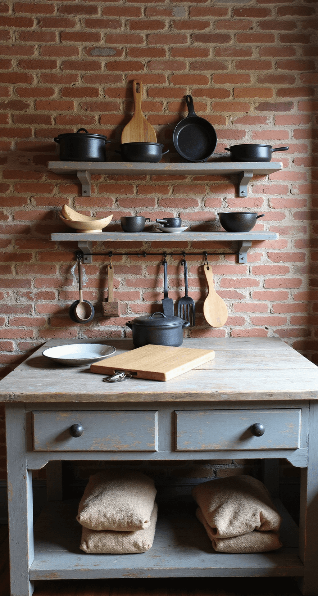 Rustic kitchen workspace featuring a 10ft exposed brick wall with open shelving holding wooden utensils and cast iron cookware, a weathered farmhouse table topped with a vintage breadboard and flour sacks, captured in warm afternoon light with sharp focus on the utensil collection.