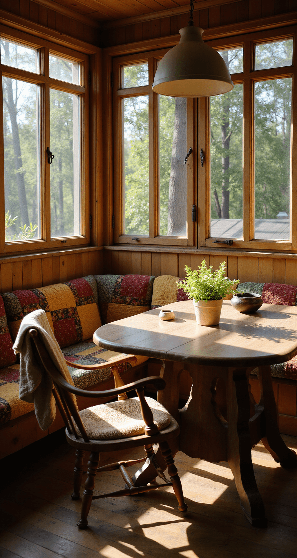 A sunlit primitive kitchen dining nook features a rustic trestle table set, surrounded by a distressed wooden bench and chairs adorned with vintage quilts, all casting shadows through mullioned windows. The warm wood tones are complemented by mustard yellow, barn red, and forest green patterns in the textiles and ceramic tableware.