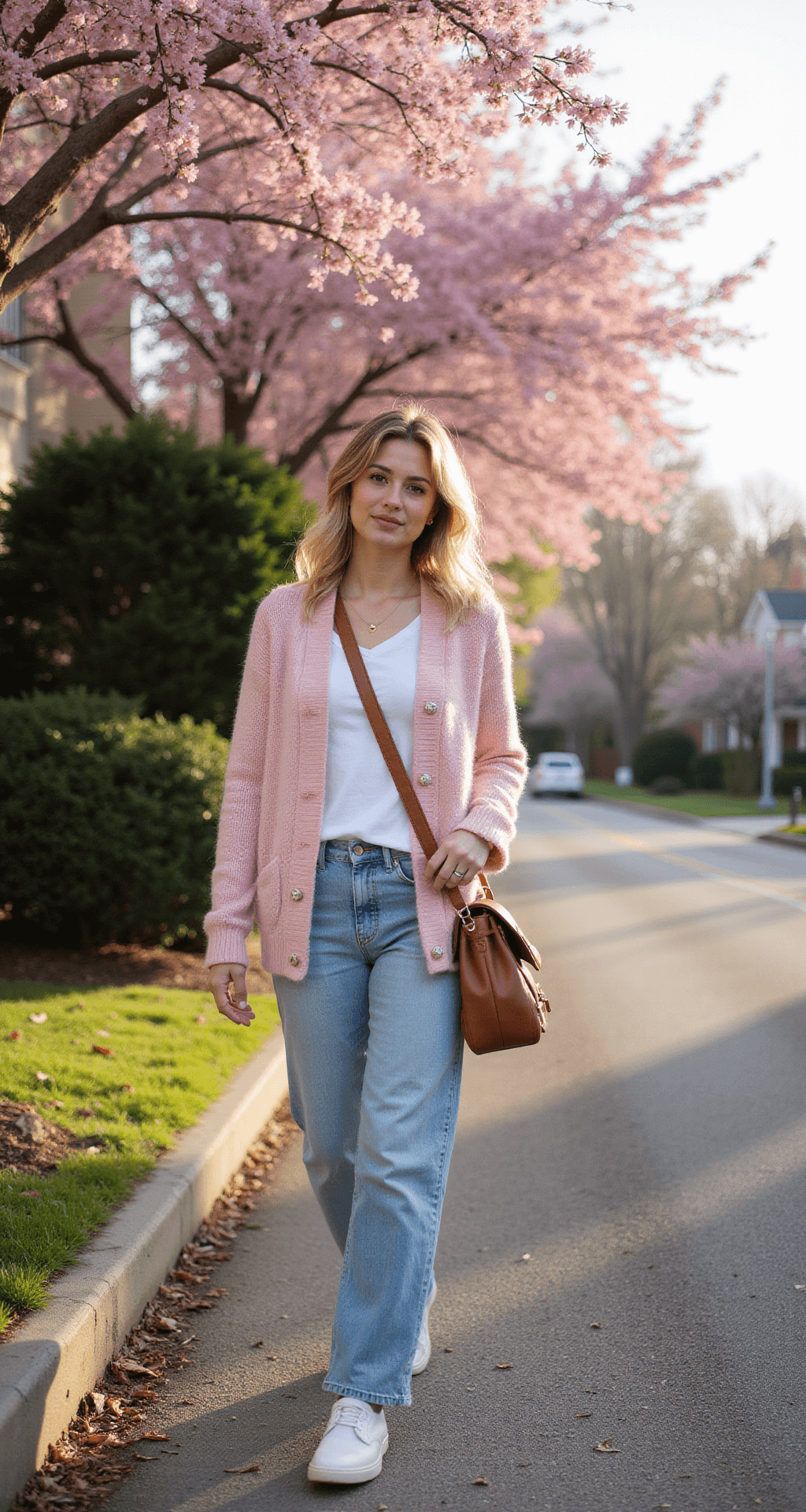 A casually dressed model walking on a charming residential street corner adorned with pink cherry blossoms, wearing light wash mom jeans, a soft pink cardigan with pearl buttons, a white fitted tee, and white leather sneakers, carrying a cognac leather crossbody bag, illuminated by warm late afternoon golden light.