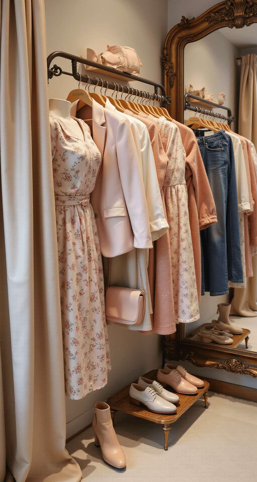 Close-up of a luxurious boutique dressing room featuring pastel blazers, floral dresses, premium denim, and elegant accessories arranged with champagne-colored velvet curtains and an ornate mirror, emphasizing rich textures and a harmonious color palette.