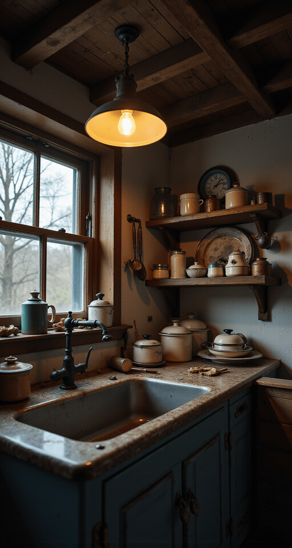 A moody evening kitchen featuring a 6ft antique dry sink, illuminated by a warm oil lamp. The scene showcases collected enamelware and vintage kitchen tools against a backdrop of exposed wooden beams, emphasizing depth with strong shadows and highlights in deep browns, cream, and faded blue.