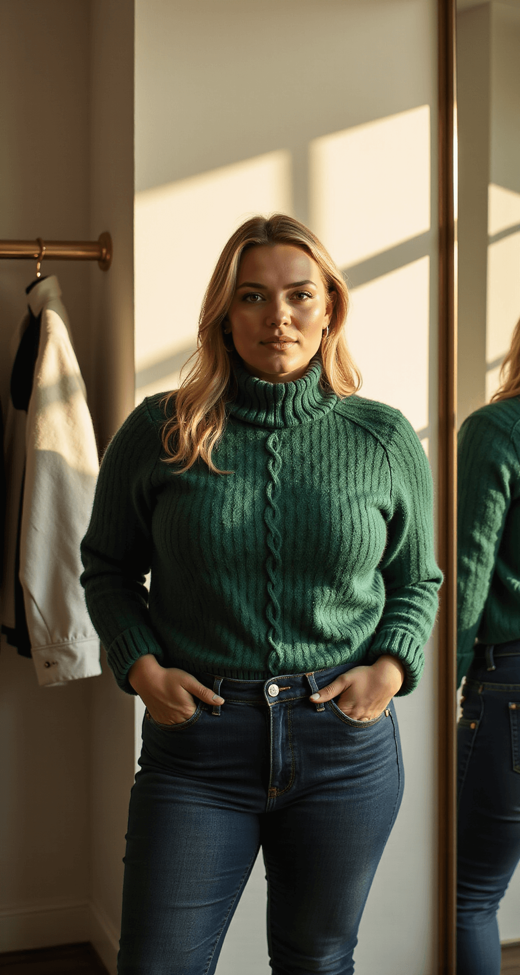 A confident plus-size model in a cozy boutique dressing room admires her reflection in a half-tucked emerald turtleneck sweater and high-waisted jeans, bathed in warm golden-hour light.