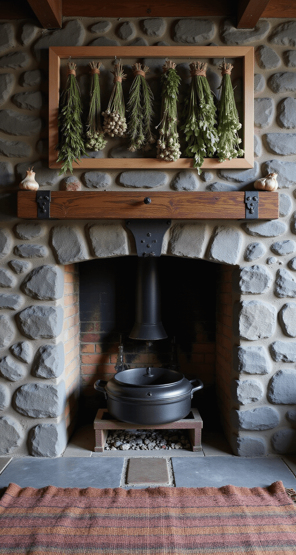 A cozy winter morning kitchen with an 8ft stone fireplace featuring a cooking crane and cast iron pots. A handwoven rug is placed in front of the hearth, while wooden drying racks hang overhead, showcasing herbs and garlic braids. The scene is illuminated by cool natural light complemented by the warm glow of the fire, highlighting the rough stone, blackened iron, and dried botanicals in shades of charcoal, deep black, warm brown, and herb green.