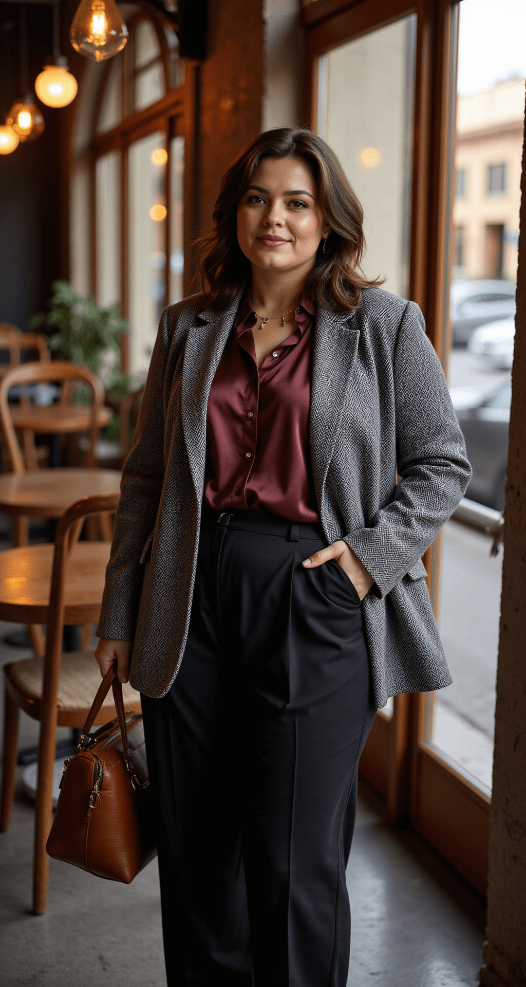 A plus-size model sits in a cozy urban cafe corner during golden hour, dressed in a structured grey herringbone blazer over a burgundy silk blouse and black wide-leg trousers. A leather tote bag rests beside her, with warm autumn light illuminating the fabric textures through cafe windows. The image captures outfit details with a shallow depth of field.