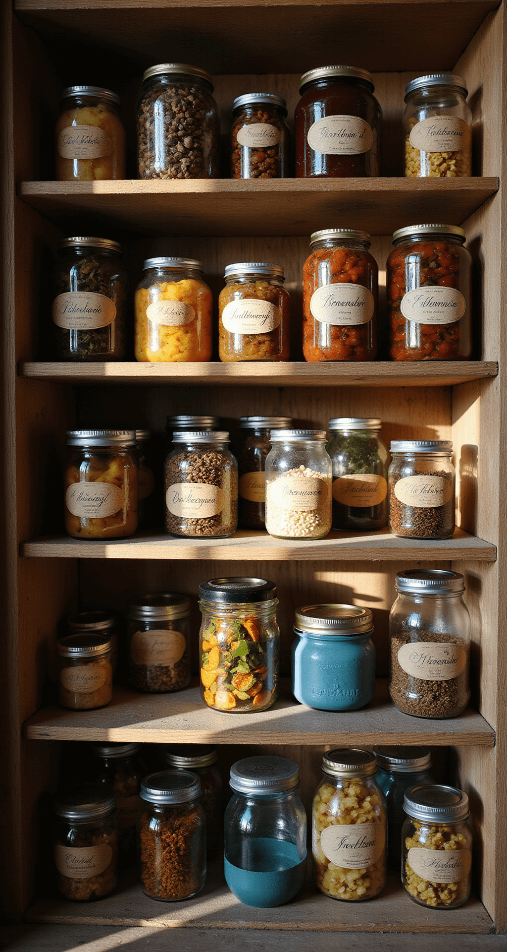 Detail-rich primitive kitchen pantry nook filled with vintage jars of preserved goods, hand-labeled and organized. Dramatic shadows cast by the late afternoon sun highlight the glass textures and oxidized metal lids on wooden shelves. The macro close-up emphasizes warm amber tones and blue glass, with sharp focus on the front jars and atmospheric blur in the background.