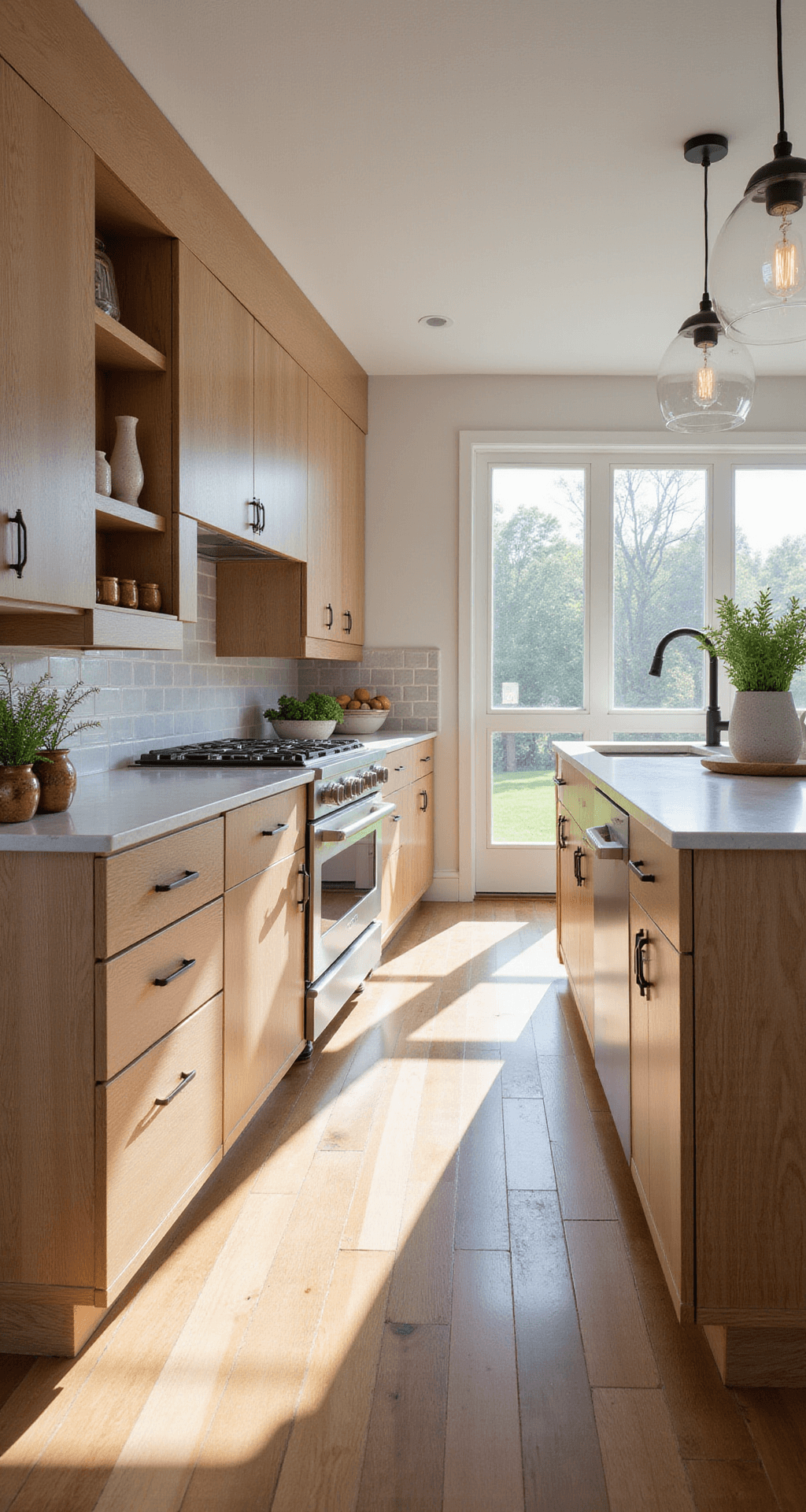 A contemporary kitchen featuring smooth alder wood cabinets and a waterfall island countertop, illuminated by morning light streaming through large windows. The space includes stainless steel appliances, artisanal ceramics, and fresh herbs in copper planters, with soft white walls contrasting the warm wood tones. The image showcases the length of the cabinets with minimal hardware, captured at eye level for depth.