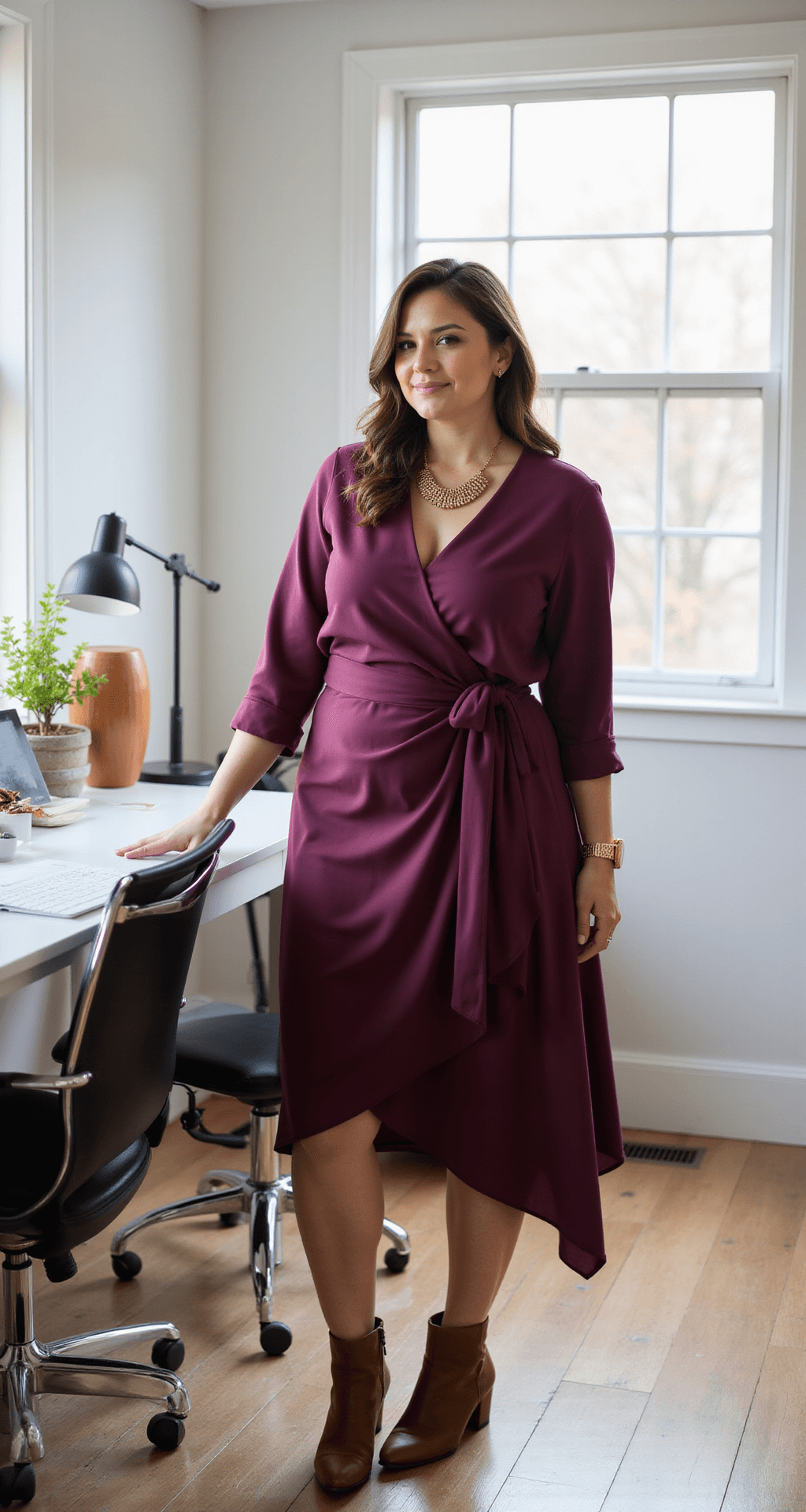 A plus-size model in a plum wrap dress and brown knee-high boots sits at a sleek desk in a modern home office, with soft morning light illuminating the space. The clean white walls and minimalist decor enhance the professional atmosphere, while a gold statement necklace adds a touch of elegance. The image is captured from a slightly elevated angle, showcasing the full outfit.