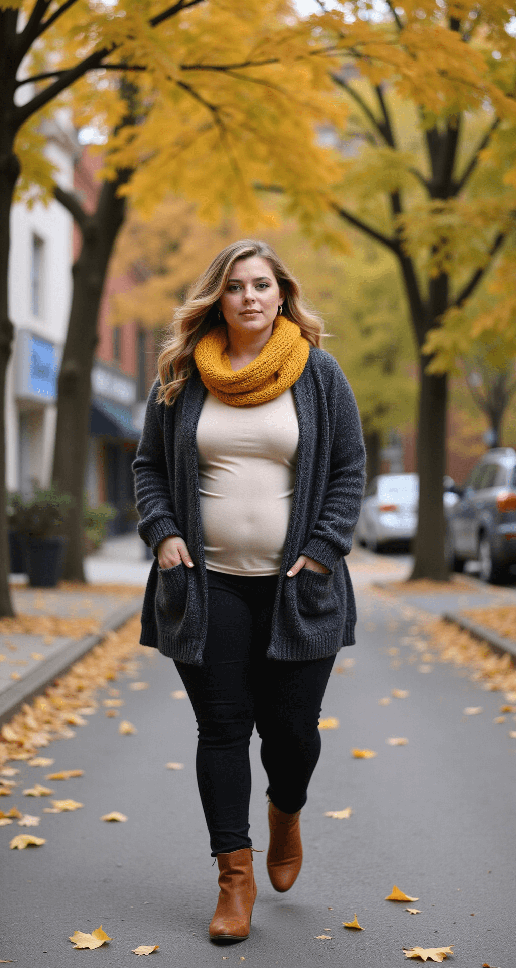 A plus-size model in motion walks through an autumn street scene, wearing an oversized charcoal cardigan over a cream fitted top, black leggings, and cognac ankle boots. A chunky knit mustard yellow scarf adds a pop of color, while colorful falling leaves surround her. The urban background is slightly blurred, captured in a dynamic front three-quarter angle with natural lighting.