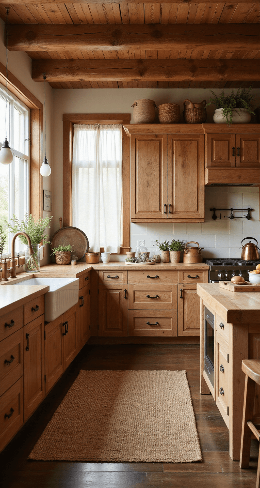 A rustic farmhouse kitchen featuring exposed wooden beams, knotty alder cabinets with a distressed finish, a vintage farmhouse sink, and a butcher block island, all illuminated by golden hour light filtering through cafe curtains. Decorated with woven baskets, dried herbs, and antique cookware, the space showcases a warm color palette of honey, cream, and copper.