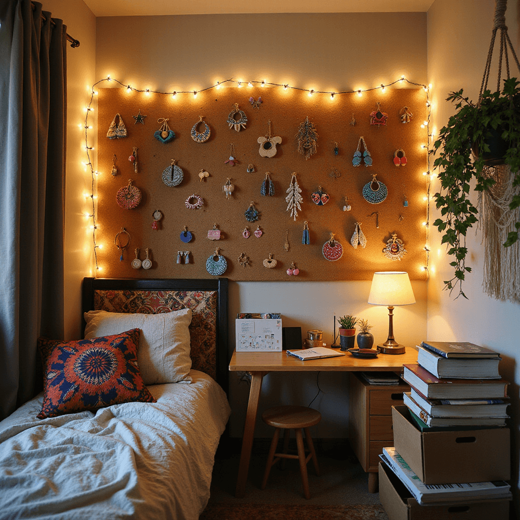 A bohemian-inspired dorm room filled with handmade cardboard accessories, featuring twinkling fairy lights, colorful cardboard earrings on a corkboard, an unmade bed with a tapestry headboard, mismatched pillows, a small desk with textbooks, a laptop, and cardboard organizers, along with hanging plants in macrame holders, creating an eclectic and cozy atmosphere.