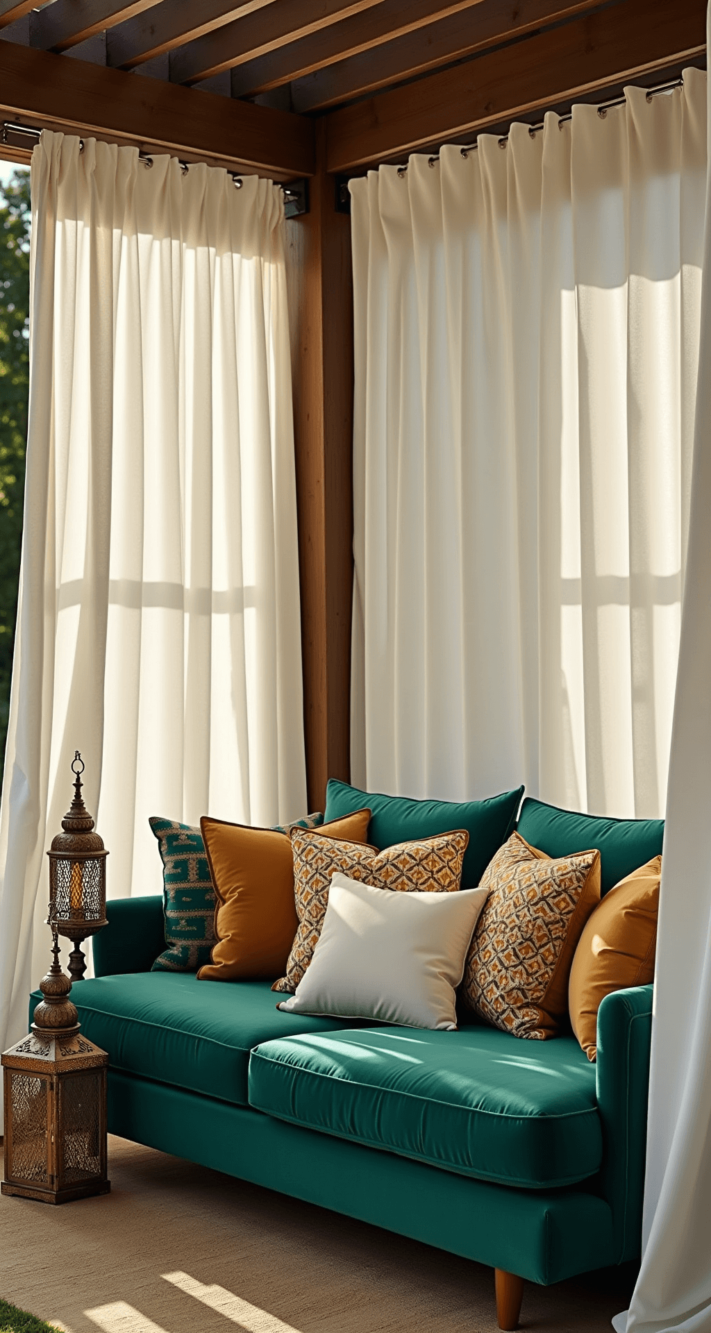 A luxurious daybed nook in a covered pergola, adorned with white curtains and deep emerald velvet cushions, illuminated by late morning light and featuring Moroccan lanterns casting shadows.