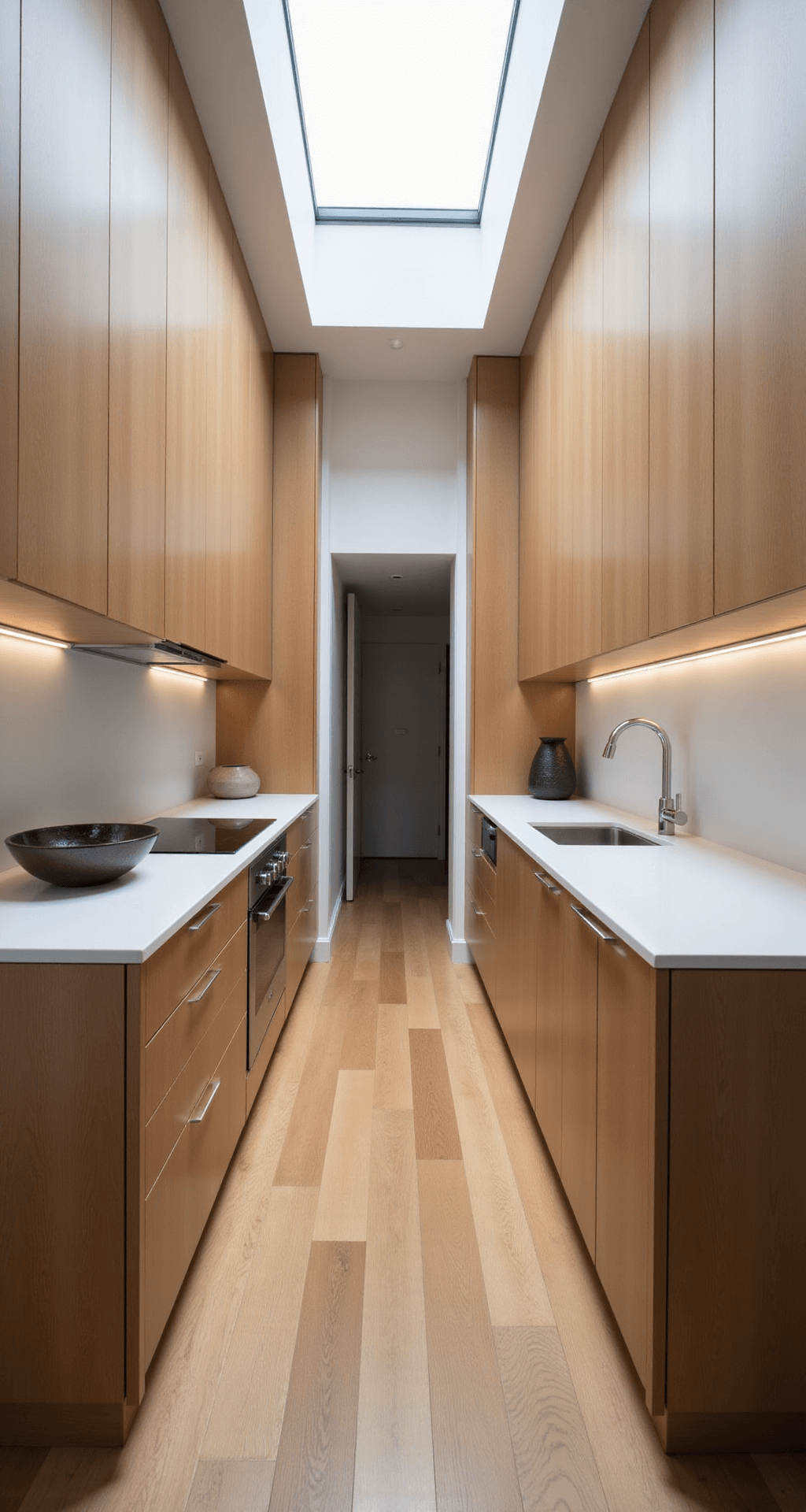 A modern minimalist galley kitchen featuring sleek alder cabinets, quartz countertops in cloud white, and a skylight casting cool morning light, all combined in a monochromatic palette with brushed nickel hardware and geometric decor.