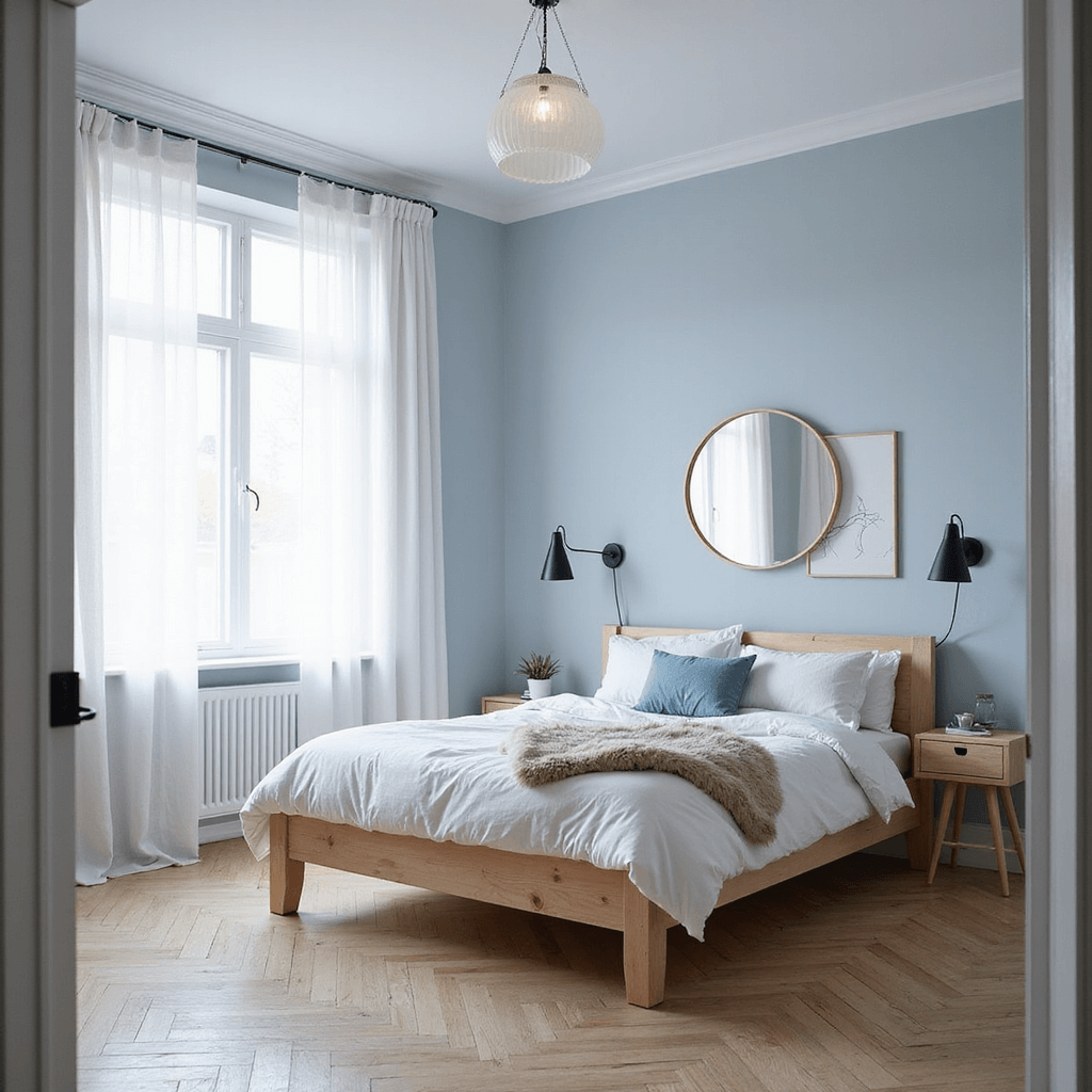 A serene minimalist bedroom featuring pale blue-gray walls, blonde wood floors, and a low-profile natural pine bed with soft blue and white bedding. Sheer white curtains diffuse northern light, while simple line art and matte black sconces adorn the walls. A round mirror reflects light, and sheepskin throws add texture, all captured from an eye-level perspective at the doorway.