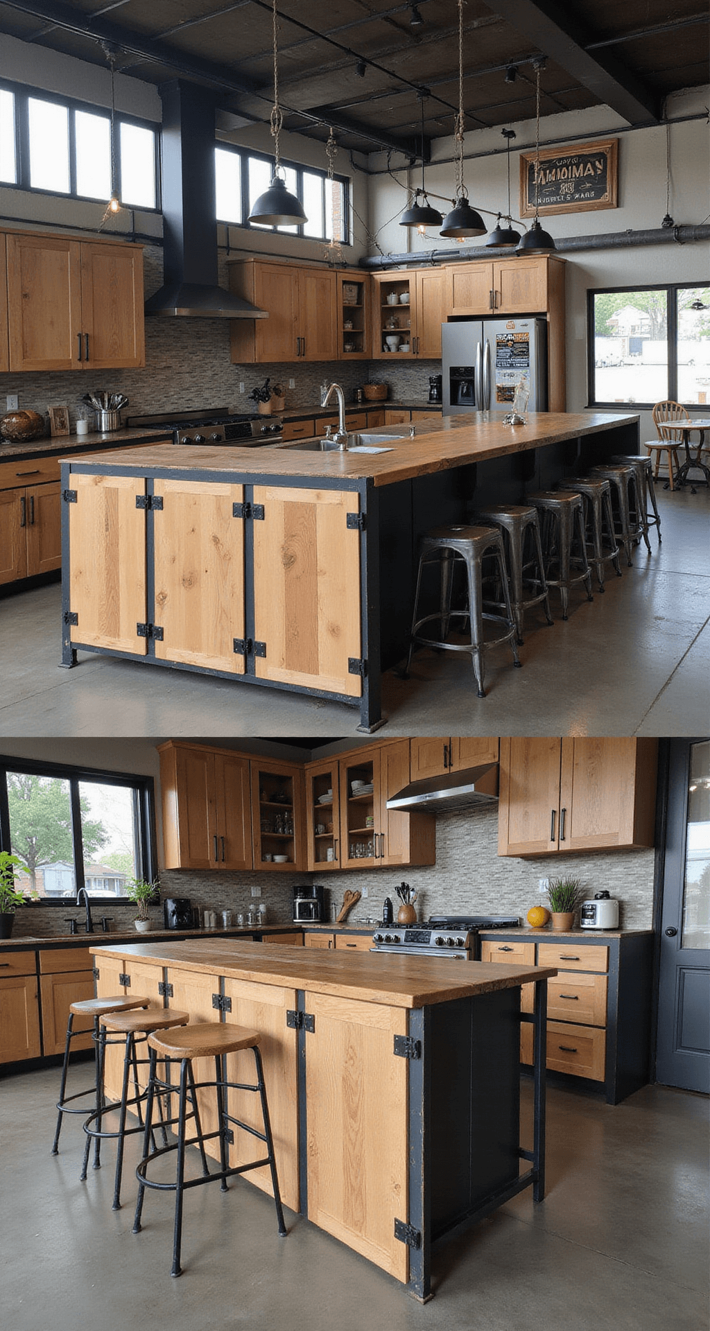 Industrial open concept kitchen featuring rustic alder cabinets with black metal framing, concrete floors, and overhead factory windows. The elevated view highlights a center island with a reclaimed alder wood top, metal bar stools, vintage signage, and industrial lighting, blending warm wood tones with cool metals and charcoal accents.