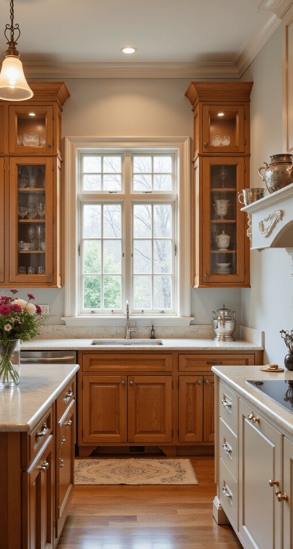 A luxurious traditional kitchen featuring glazed alder cabinets, marble countertops, and brass hardware, styled with fresh flowers and vintage accessories, illuminated by soft afternoon light through mullioned windows.