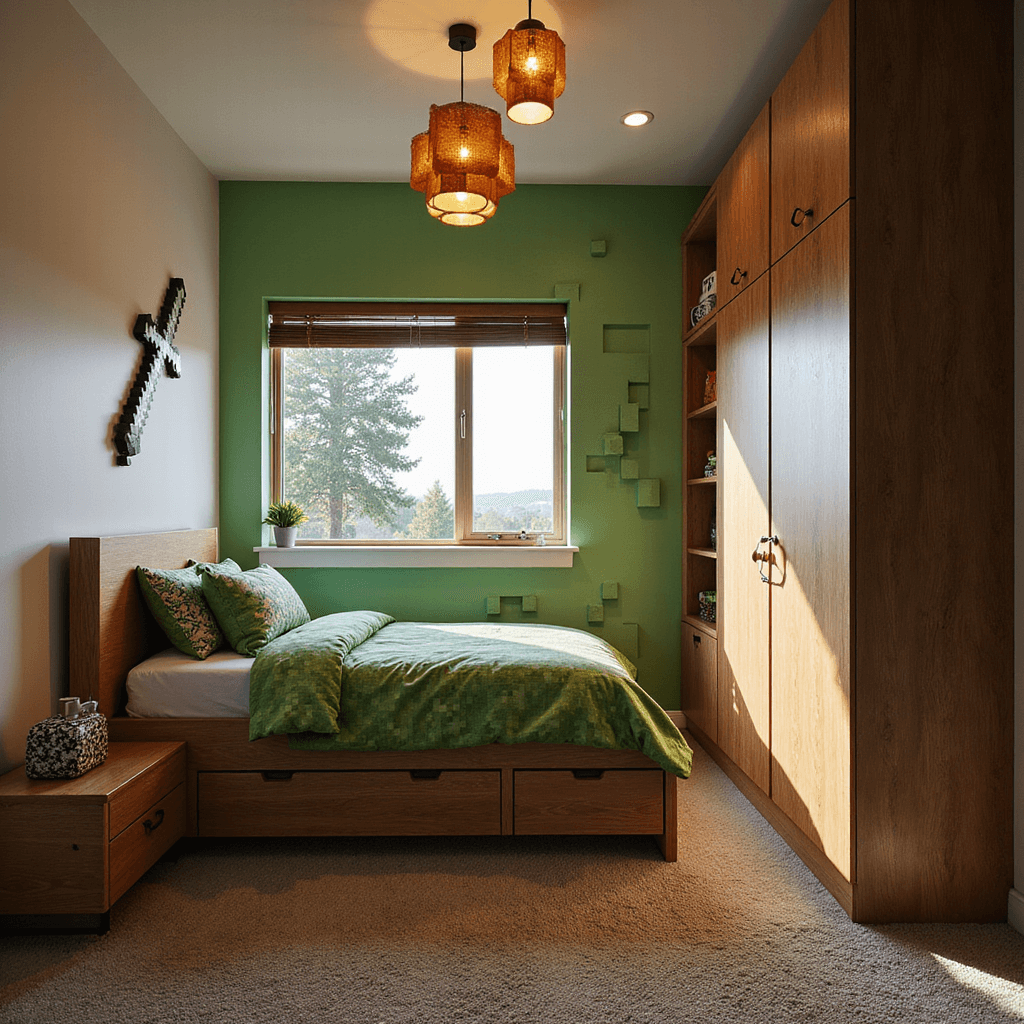 Elevated view of a cozy 10x12ft kids' bedroom featuring diamond sword wall art, a twin bed with Minecraft creeper bedding, oak block storage units, glowstone pendant lights, pixelated window treatments, and a creeper-green accent wall with 3D cubic designs.
