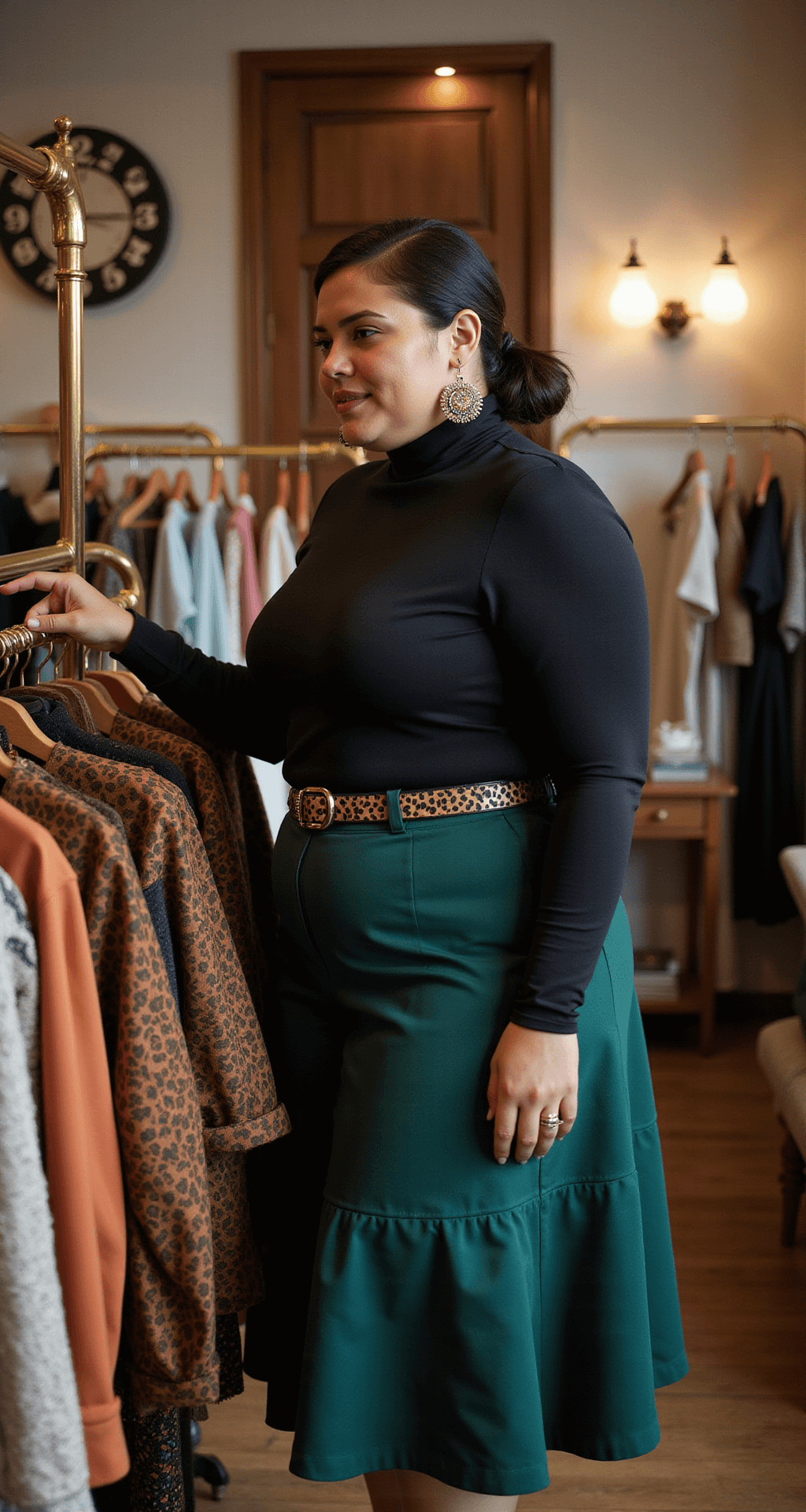 A plus-size model browses a clothing rack in a vintage-inspired boutique, wearing a deep forest green A-line midi skirt, black turtleneck, and leopard print belt, with geometric earrings glinting in the warm ambient light.