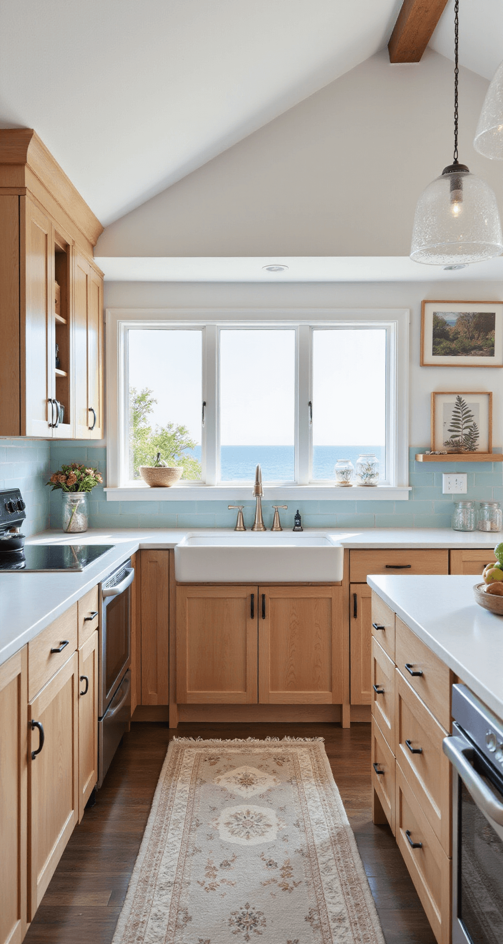 A bright coastal-inspired kitchen featuring light-stained alder cabinets with beadboard details, white quartz counters, and a pale blue backsplash, illuminated by natural light from beach-facing windows, showcasing a wide angle view of the ocean and decorated with woven textures, glass floats, and botanical prints.