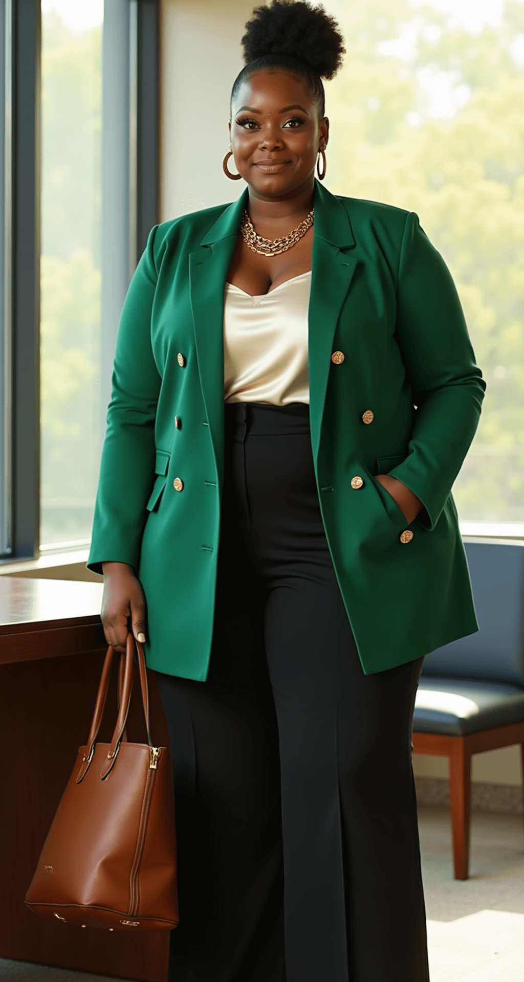 10 Must-Have Plus-Size Outfit Ideas for Black Women A confident Black woman in size 16 stands by a modern desk in a bright office, wearing an emerald green blazer over a cream silk shell and high-waisted black wide-leg trousers. She has a sleek updo and layered gold necklaces, with a cognac brown leather tote bag nearby. The shot captures her in a power pose, with cinematic lighting highlighting the textures of her outfit.