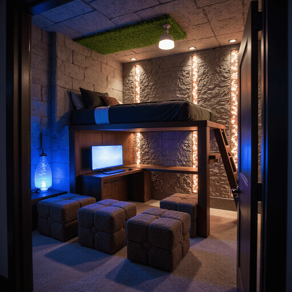 Modern gaming bedroom at dusk, featuring a Minecraft cave wall installation with LED strips, a loft bed resembling a grass block, a gaming station with dirt block ottomans, and accent lighting that evokes water and lava.