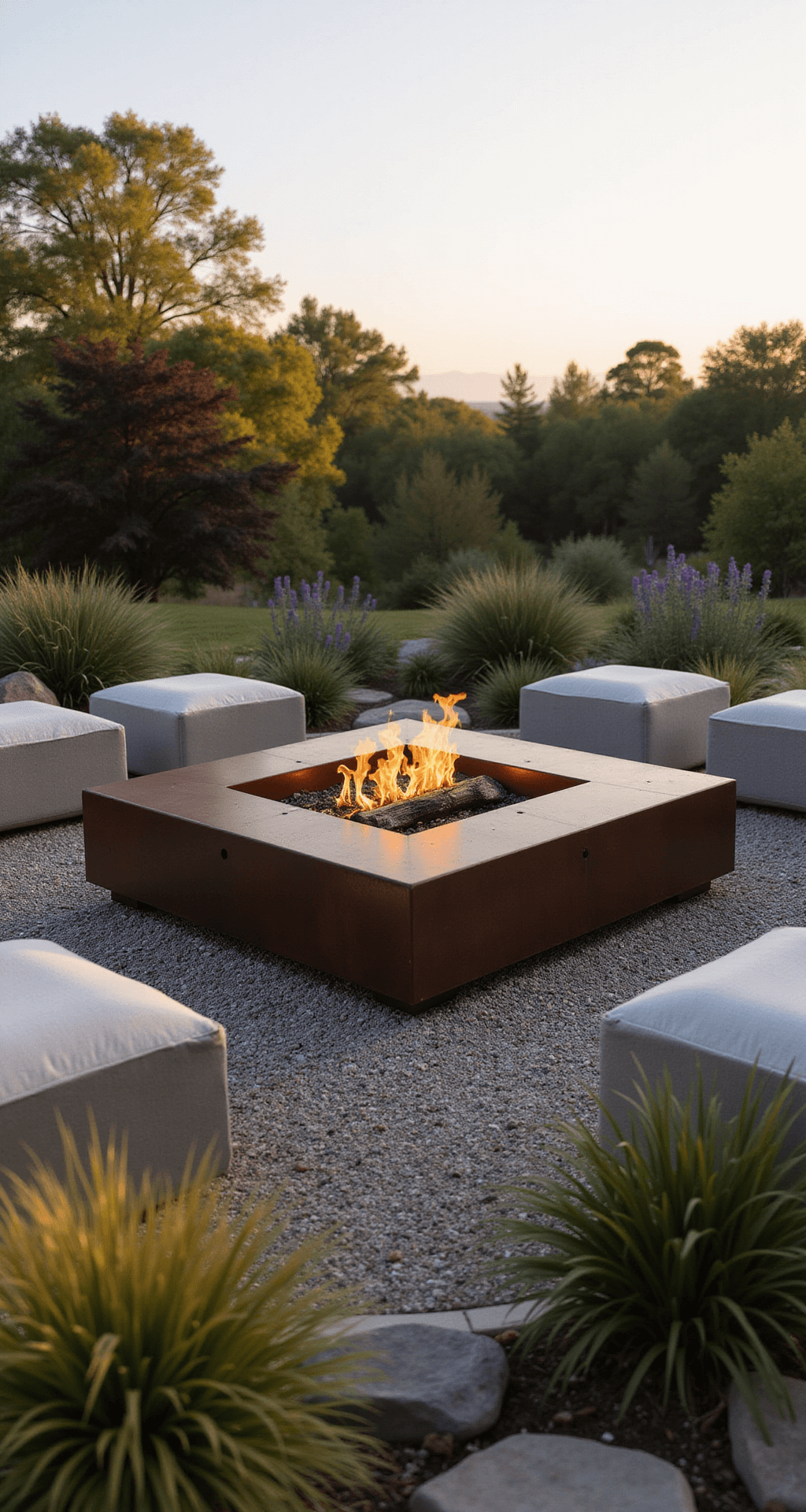 A minimalist zen garden featuring a 4ft square cor-ten steel fire pit, surrounded by a rock garden and gravel patterns, with concrete block seating and neutral linen cushions, complemented by ornamental grasses, captured during morning golden hour with dramatic side lighting.