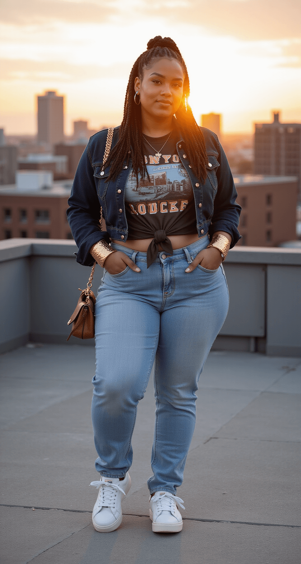 10 Must-Have Plus-Size Outfit Ideas for Black Women Plus-size model wearing high-waisted light wash mom jeans and a knotted vintage graphic tee, with a dark wash cropped denim jacket draped over her shoulders, poses during golden hour on an urban rooftop. Her box braids adorned with gold cuffs, white chunky sneakers, and mini crossbody bag complete the stylish look. The warm sunset glow creates a halo effect around her as she is shot from street level looking up.
